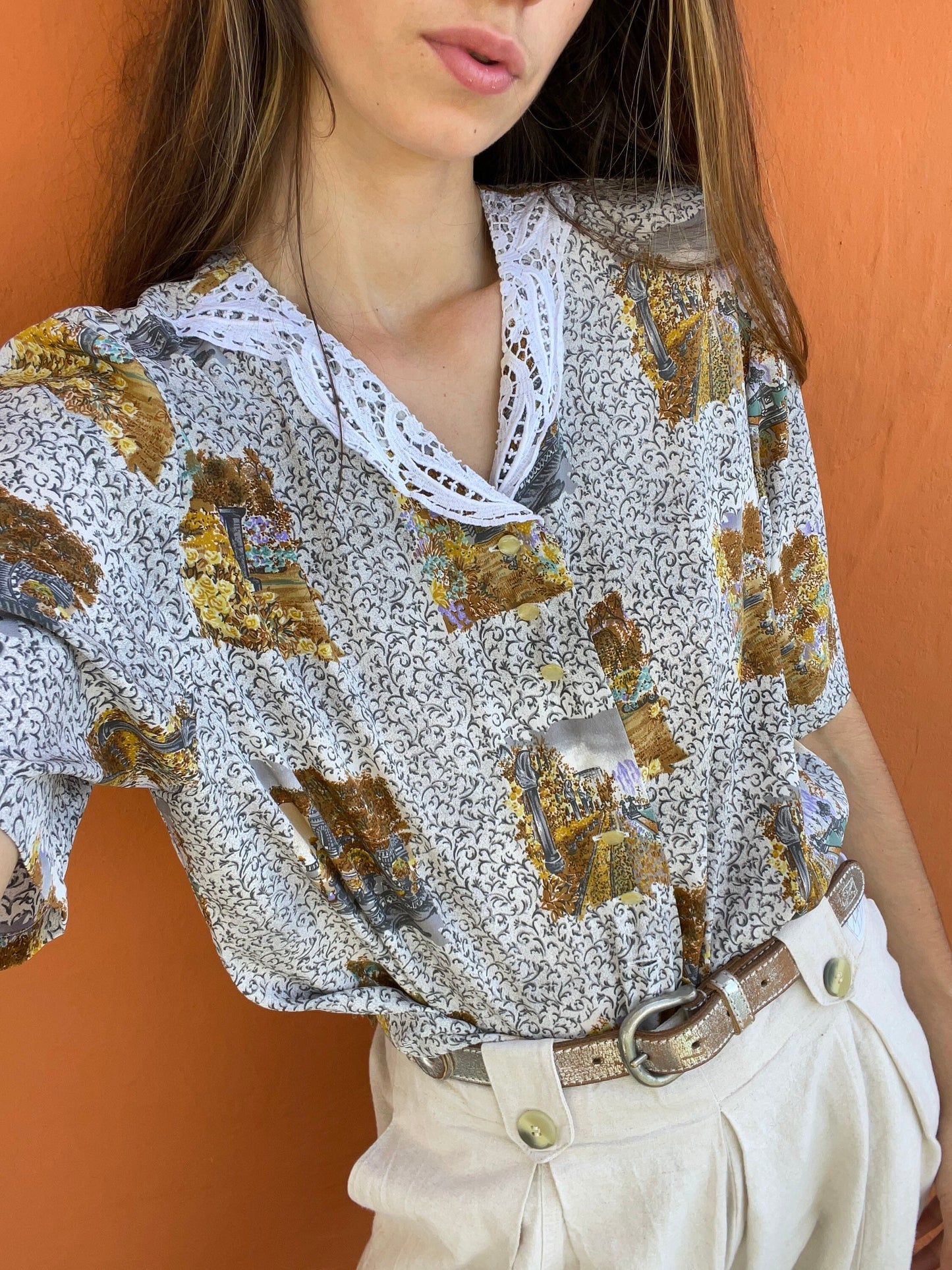 Vintage woman blouse with landscape images and lace collar, Floral vintage tee, Loose short sleeve brown blouse, XXL