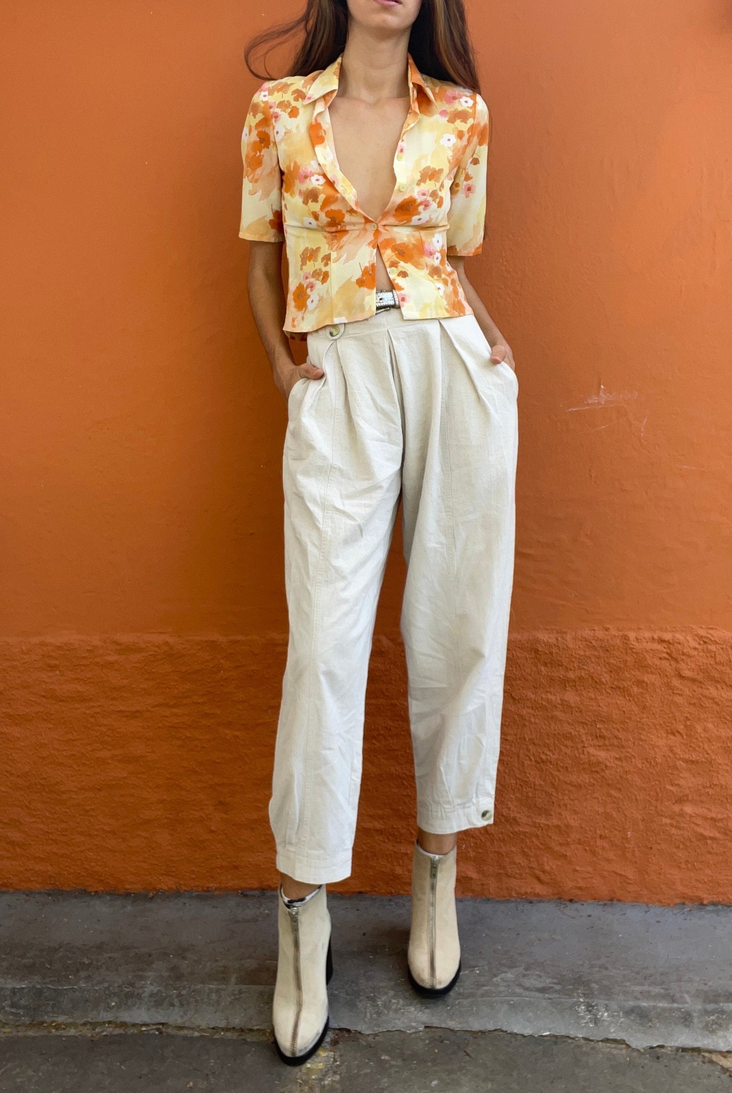 Vintage resort wear woman blouse, Colourful summer shirt, Feminine button up blouse, Handmade vintage 70s top, XXS