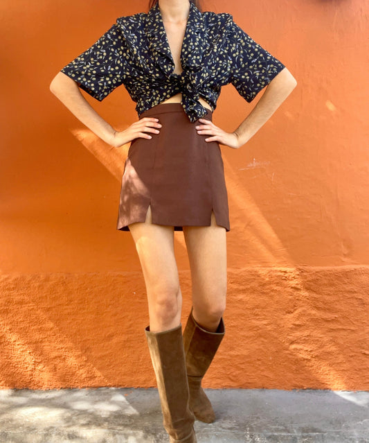 Blue and yellow flower blouse, Vintage summer shirt, Cute knot tie oversized blouse, 80s secretary top, XL