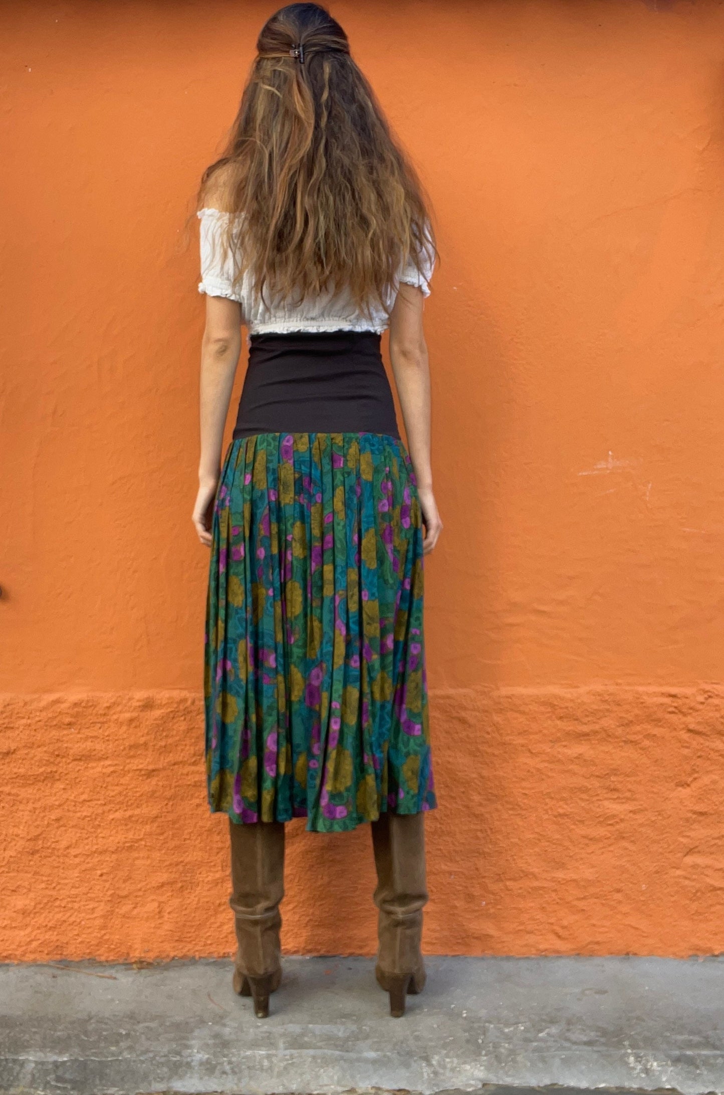 Vintage Multipurpose skirt and dress, Colourful true retro maxi skirt. Green purple elastic skirt with flower print, High waist summer skirt