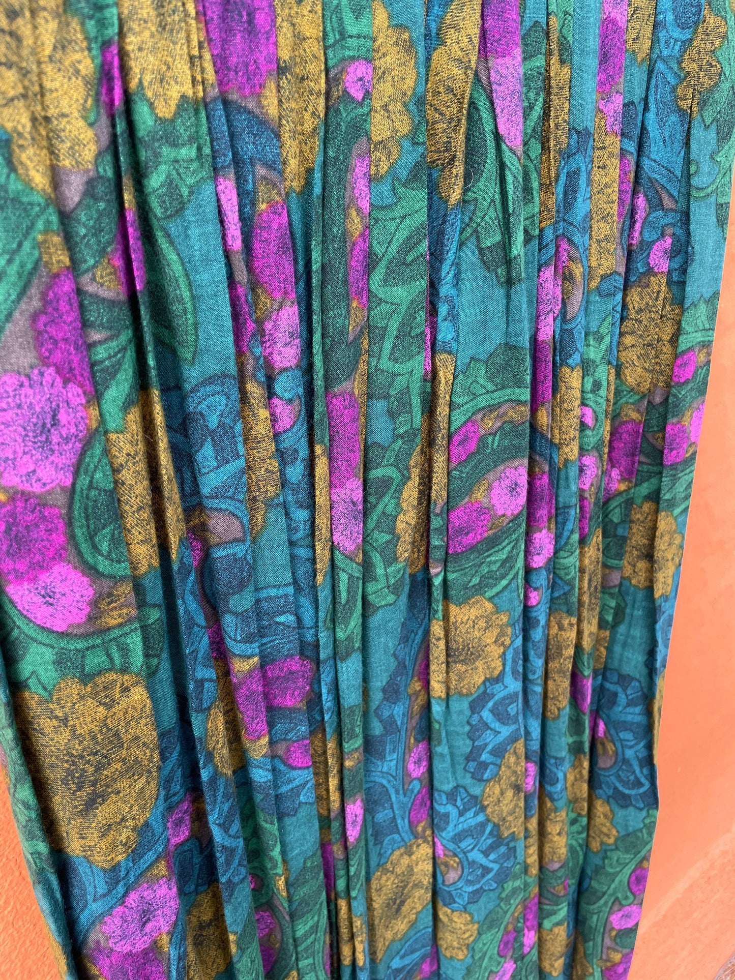 Vintage Multipurpose skirt and dress, Colourful true retro maxi skirt. Green purple elastic skirt with flower print, High waist summer skirt