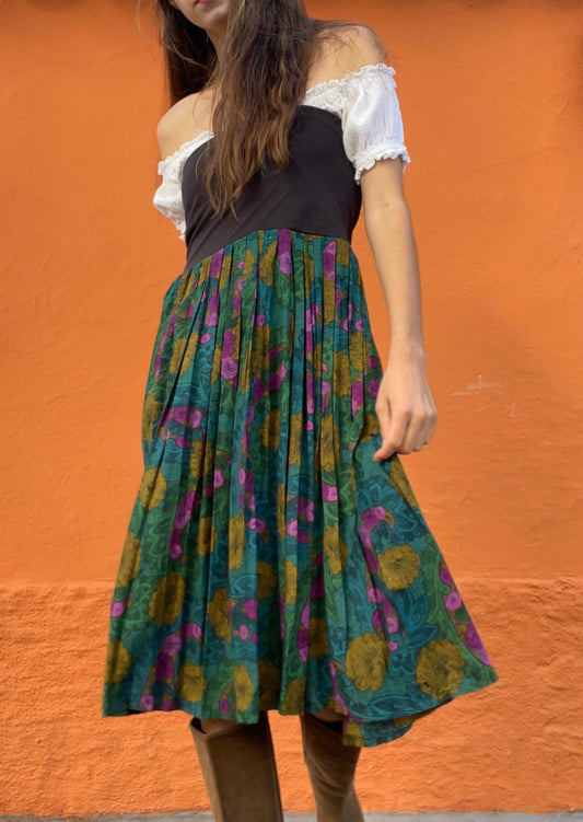 Vintage Multipurpose skirt and dress, Colourful true retro maxi skirt. Green purple elastic skirt with flower print, High waist summer skirt