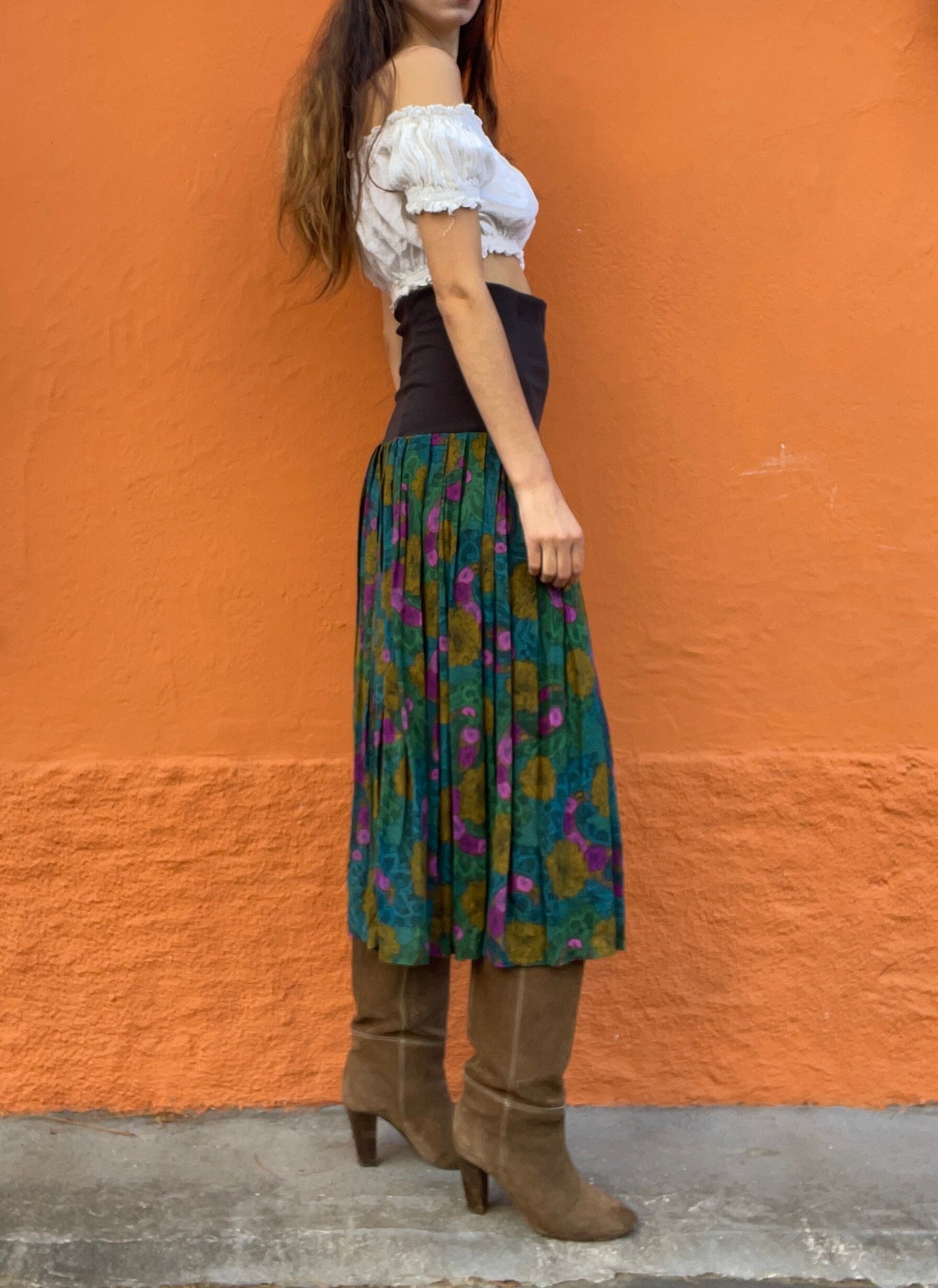 Vintage Multipurpose skirt and dress, Colourful true retro maxi skirt. Green purple elastic skirt with flower print, High waist summer skirt