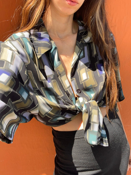 Vintage Abstract Pattern Blouse - Loose Fit, Party & Beach Wear, Knot Tie or French Tuck, Sizes S to XXXL