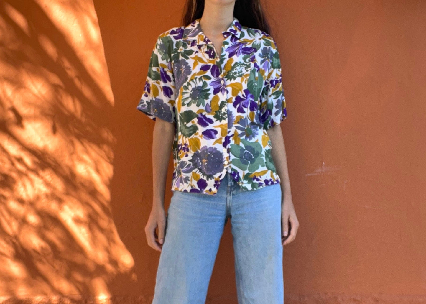 Vintage floral woman blouse, summer shirt, short sleeve top, Cute 70s Feminine button up shirt, Vintage t shirt, Sustainable fashion for her