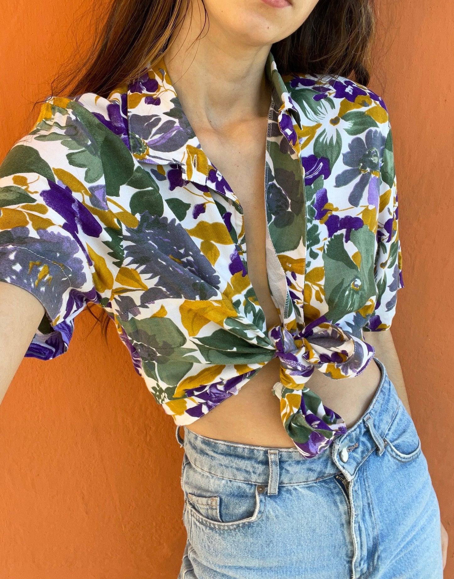 Vintage floral woman blouse, summer shirt, short sleeve top, Cute 70s Feminine button up shirt, Vintage t shirt, Sustainable fashion for her
