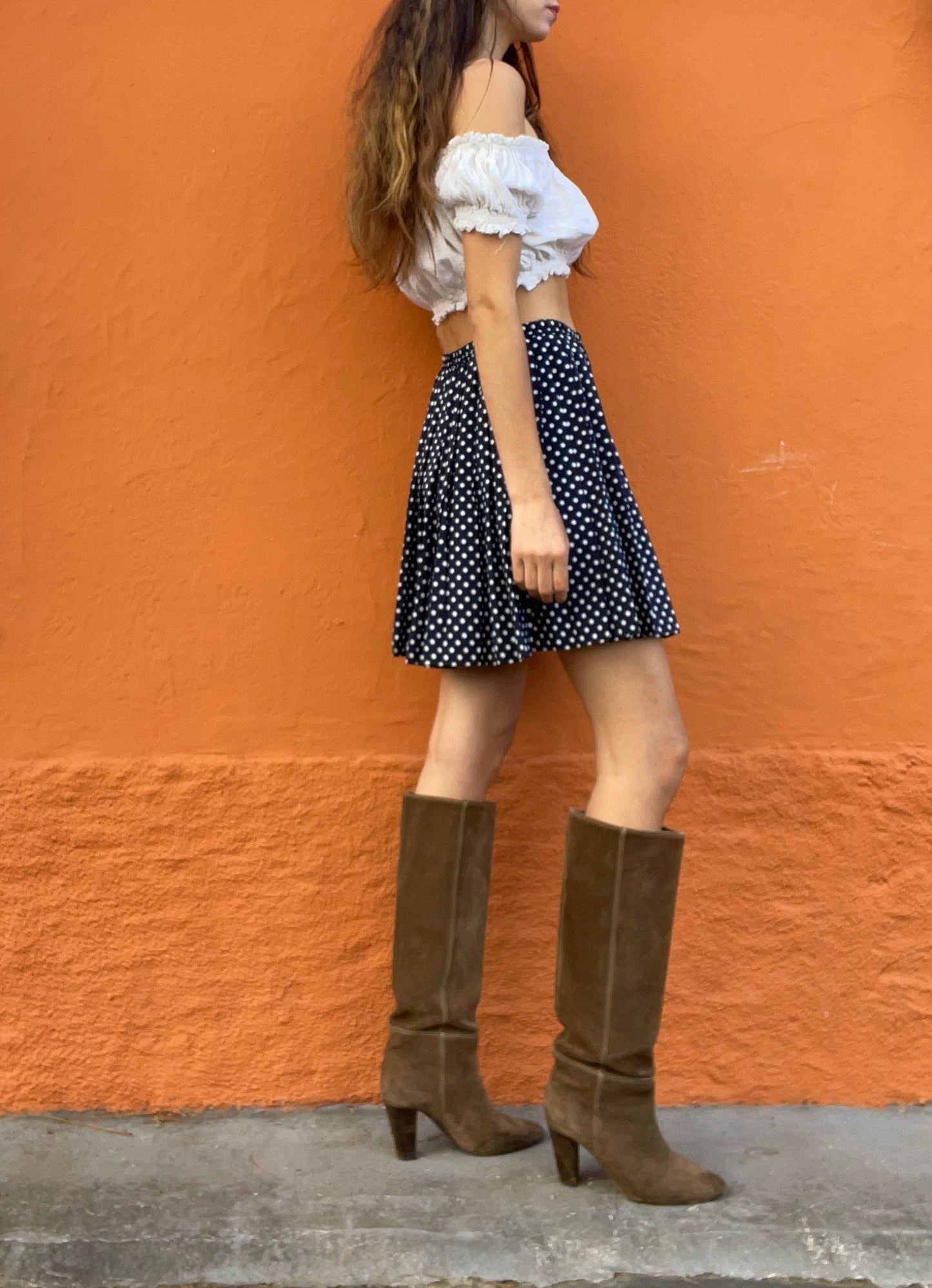 Vintage Navy Polka Dot Mini Skirt | Retro Elastic Waist Skater Skirt