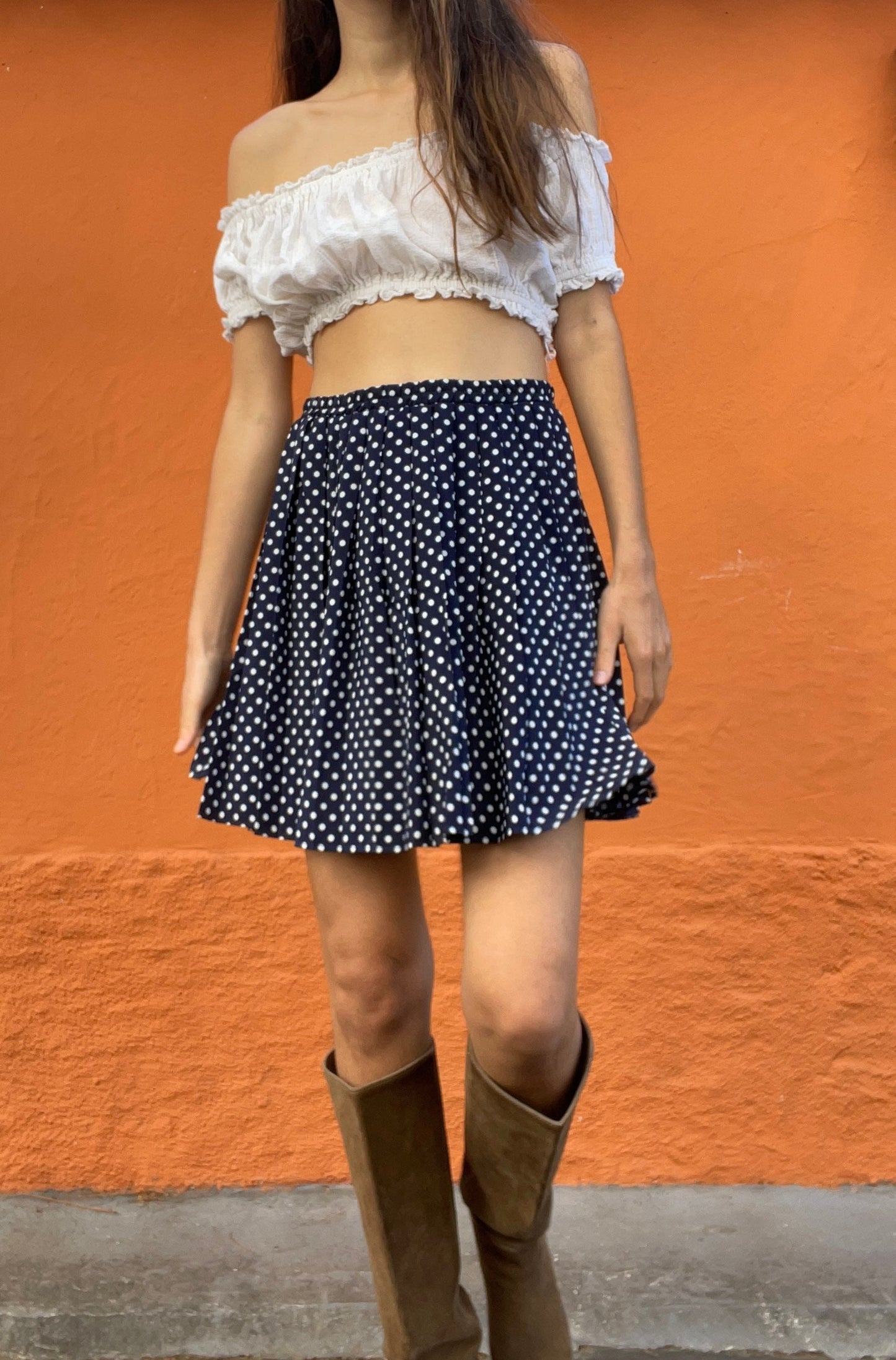 Vintage Navy Polka Dot Mini Skirt | Retro Elastic Waist Skater Skirt