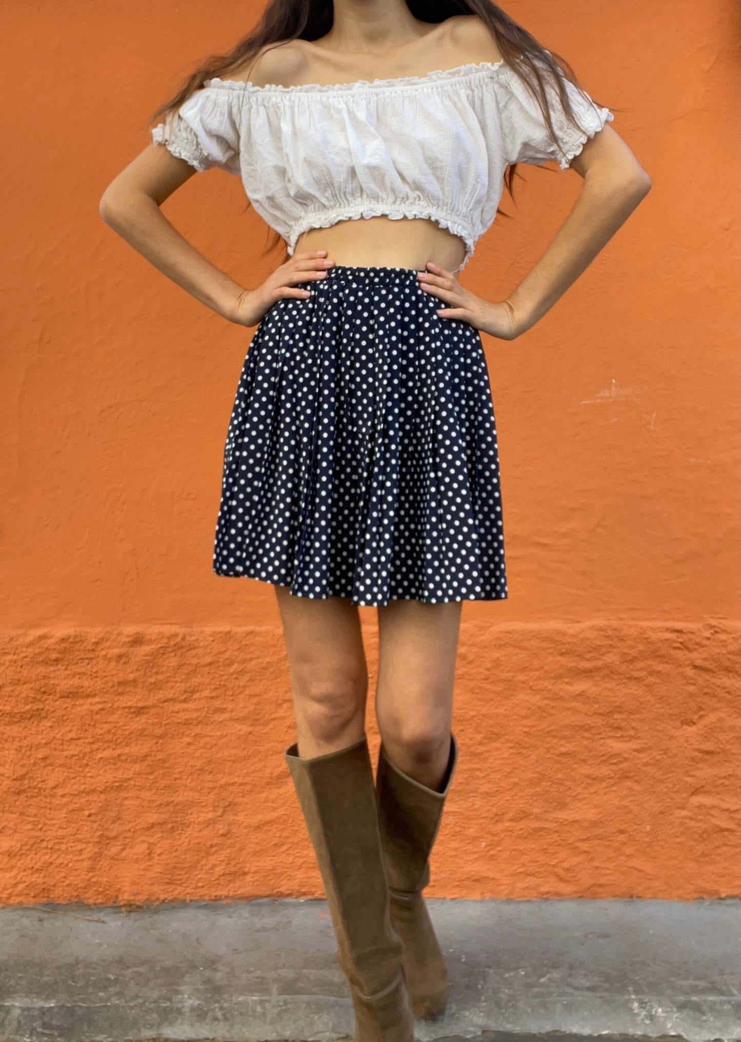 Vintage Navy Polka Dot Mini Skirt | Retro Elastic Waist Skater Skirt