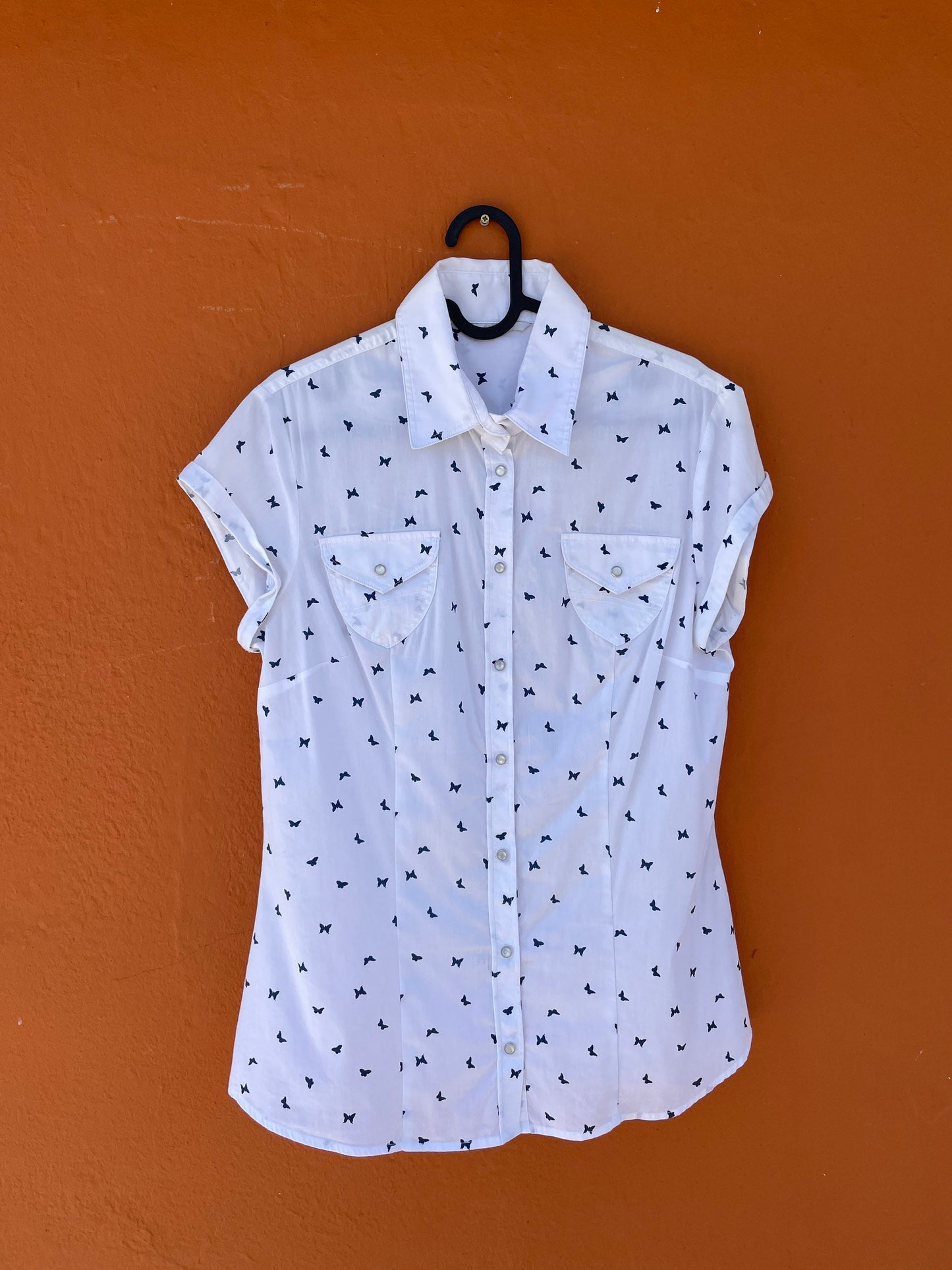 Vintage Italian Cotton Blouse with Blue Butterfly Embroidery, White Cap Sleeve Button-Up Top, Summer Shirt XS-S by Carrera