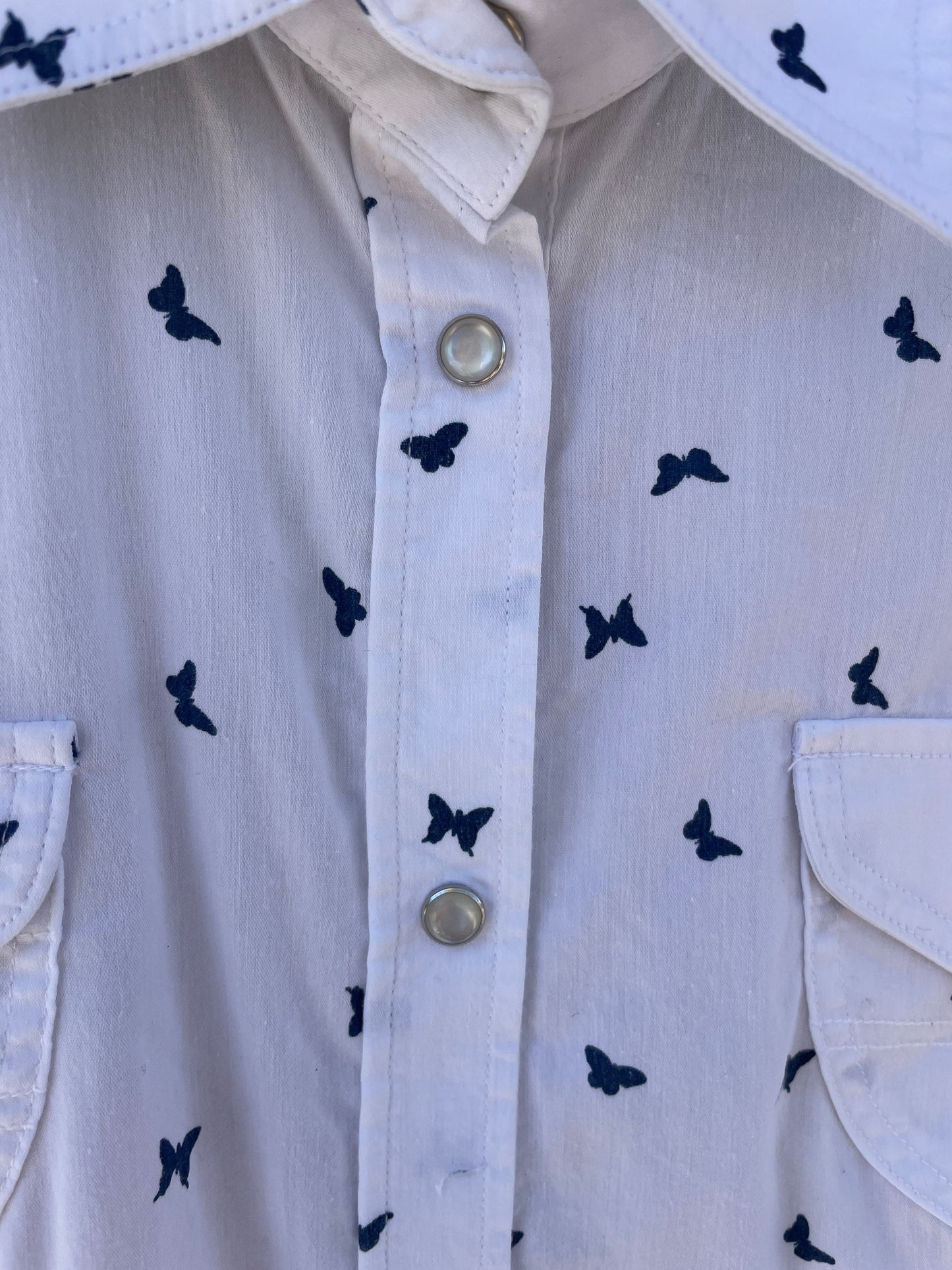 Vintage Italian Cotton Blouse with Blue Butterfly Embroidery, White Cap Sleeve Button-Up Top, Summer Shirt XS-S by Carrera