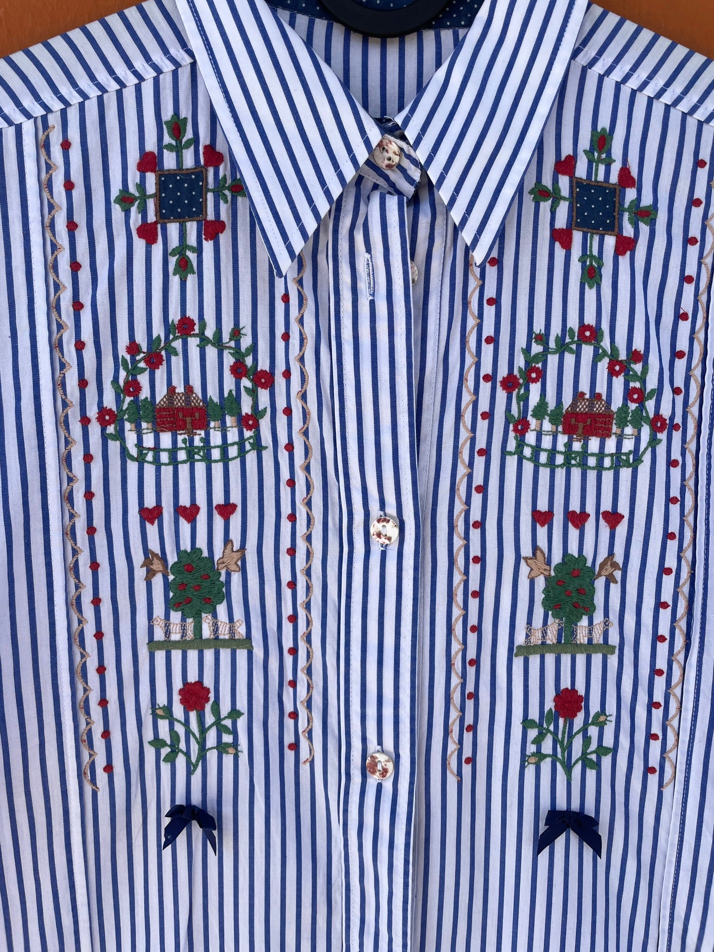 Christmas button up shirt, Large cotton embroidered blouse, Cottage core blue and white folklore striped shirt, M
