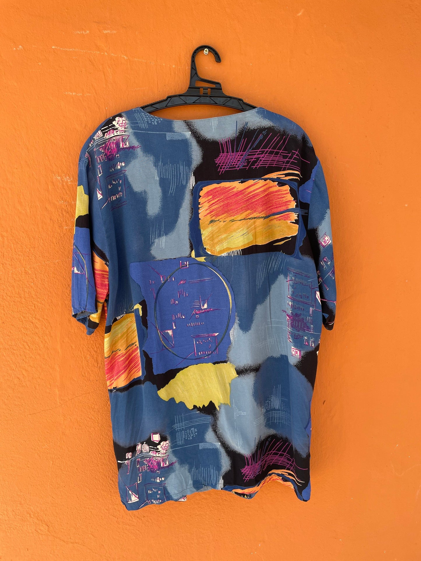 Vintage 80s Women's Blouse Oversized Retro Shirt Abstract Colourful Pattern Loose Fit DE 40 L