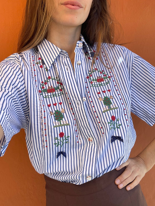 Christmas button up shirt, Large cotton embroidered blouse, Cottage core blue and white folklore striped shirt, M