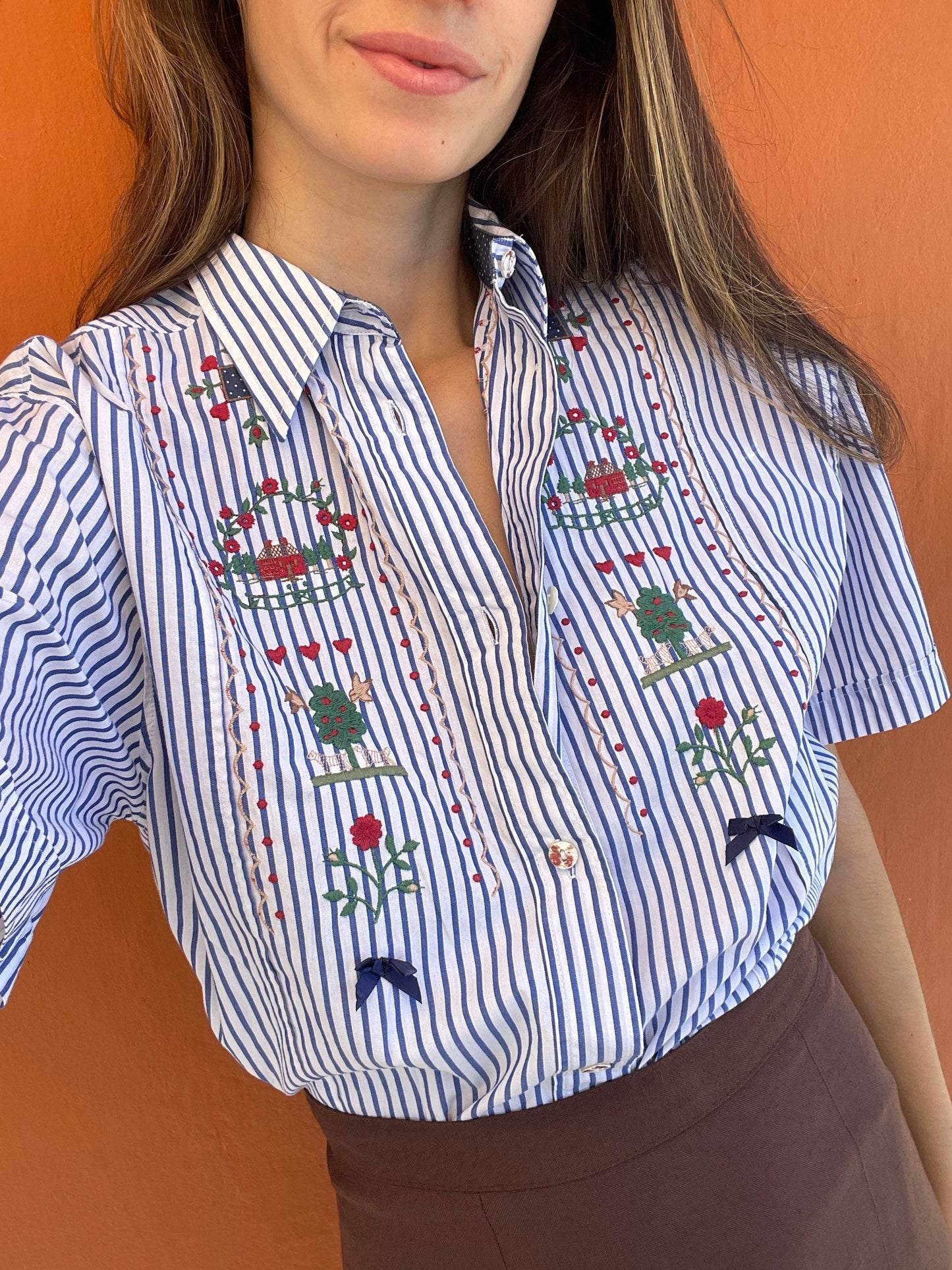 Christmas button up shirt, Large cotton embroidered blouse, Cottage core blue and white folklore striped shirt, M