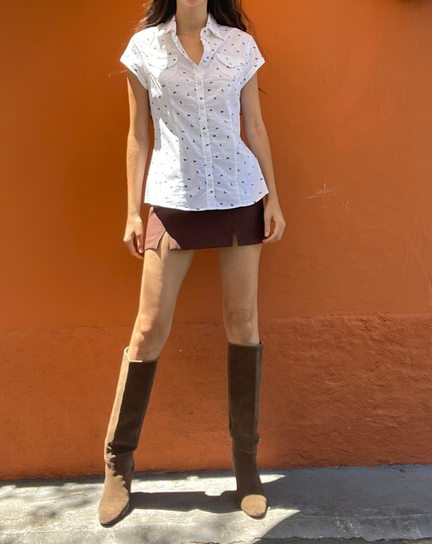 Vintage Italian Cotton Blouse with Blue Butterfly Embroidery, White Cap Sleeve Button-Up Top, Summer Shirt XS-S by Carrera