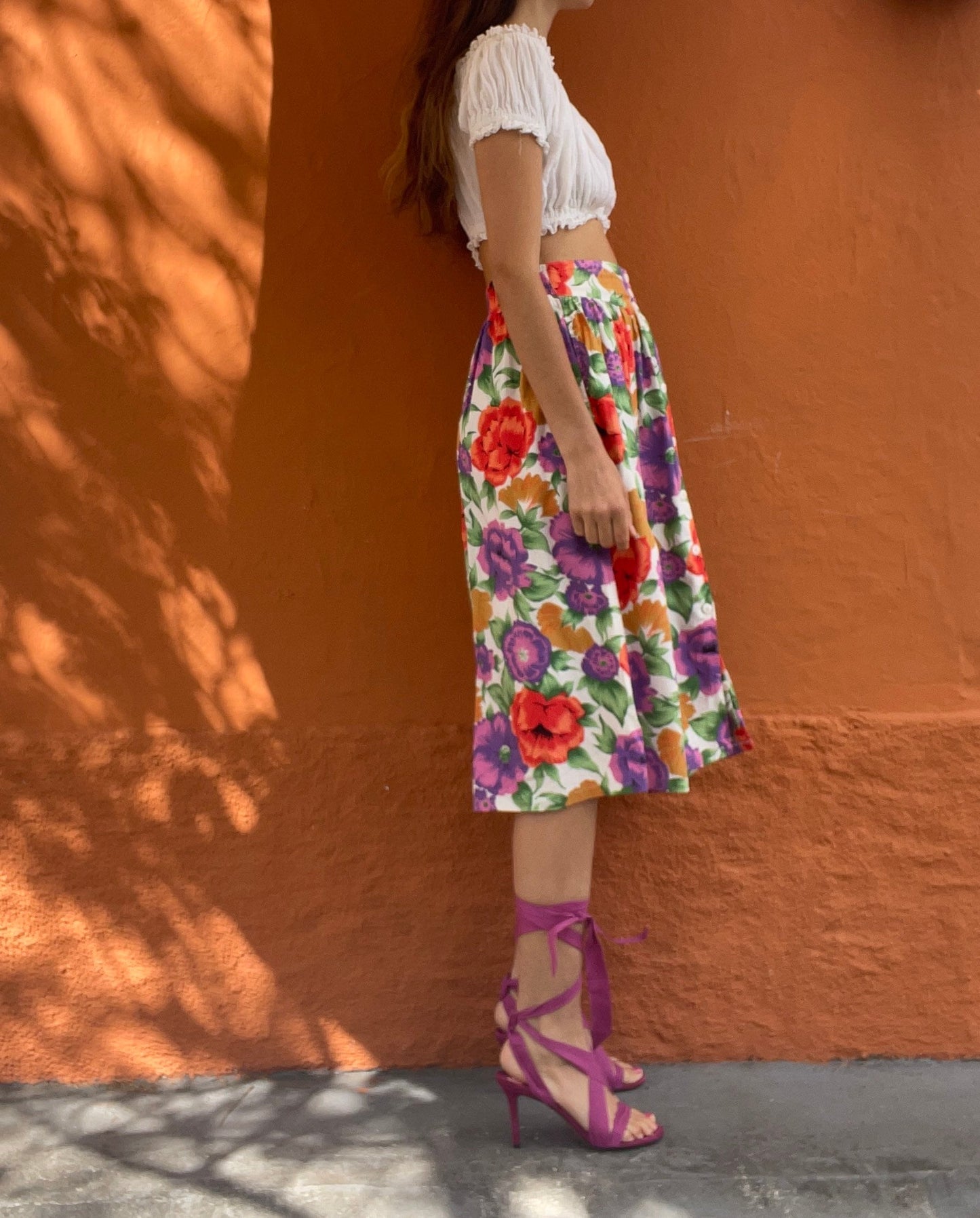Vintage High Waist Floral Midi Skirt with Bright Poppy Print Elastic Waist 80s Cottagecore Picnic Coquette Look