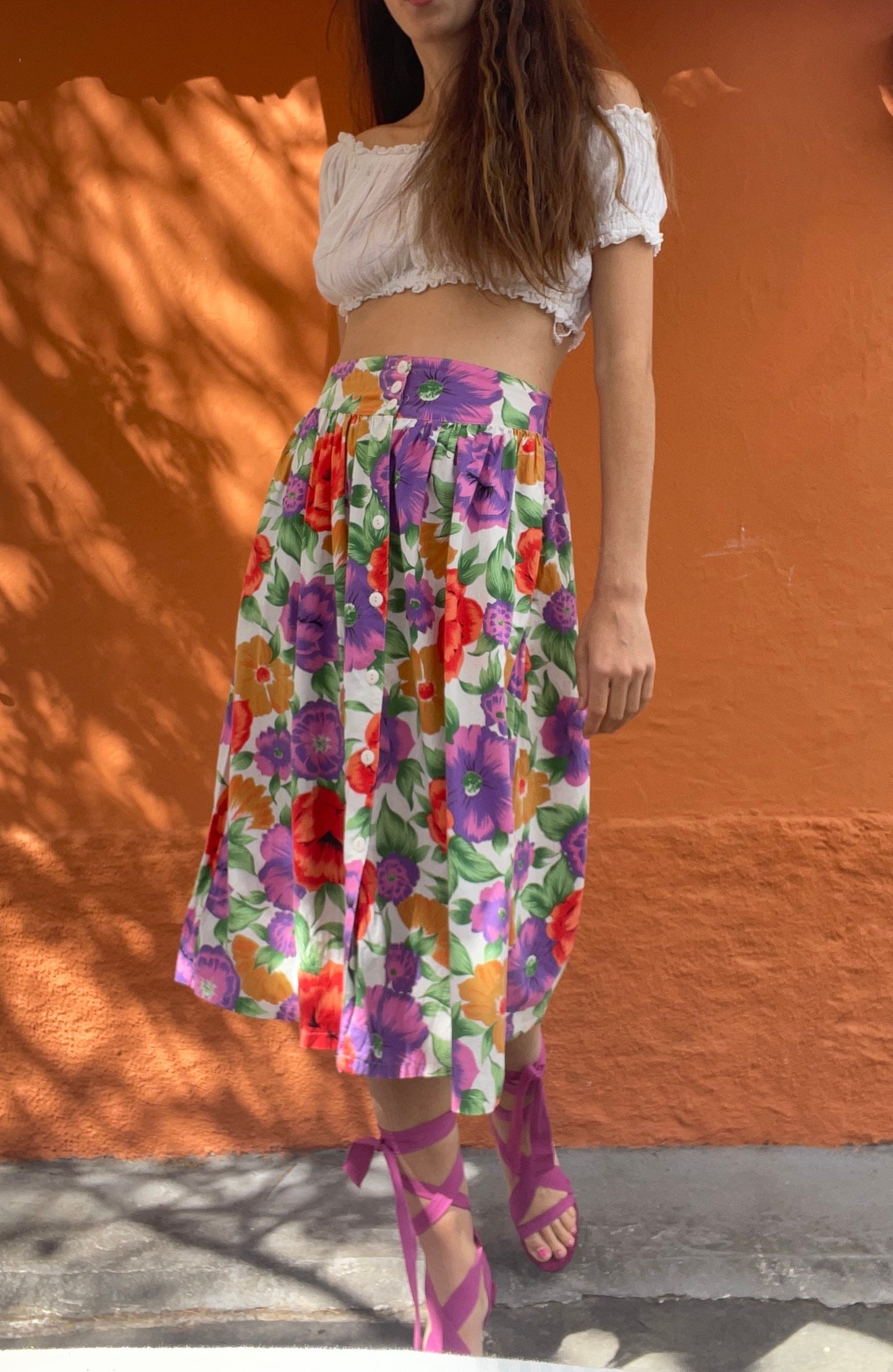 Vintage High Waist Floral Midi Skirt with Bright Poppy Print Elastic Waist 80s Cottagecore Picnic Coquette Look