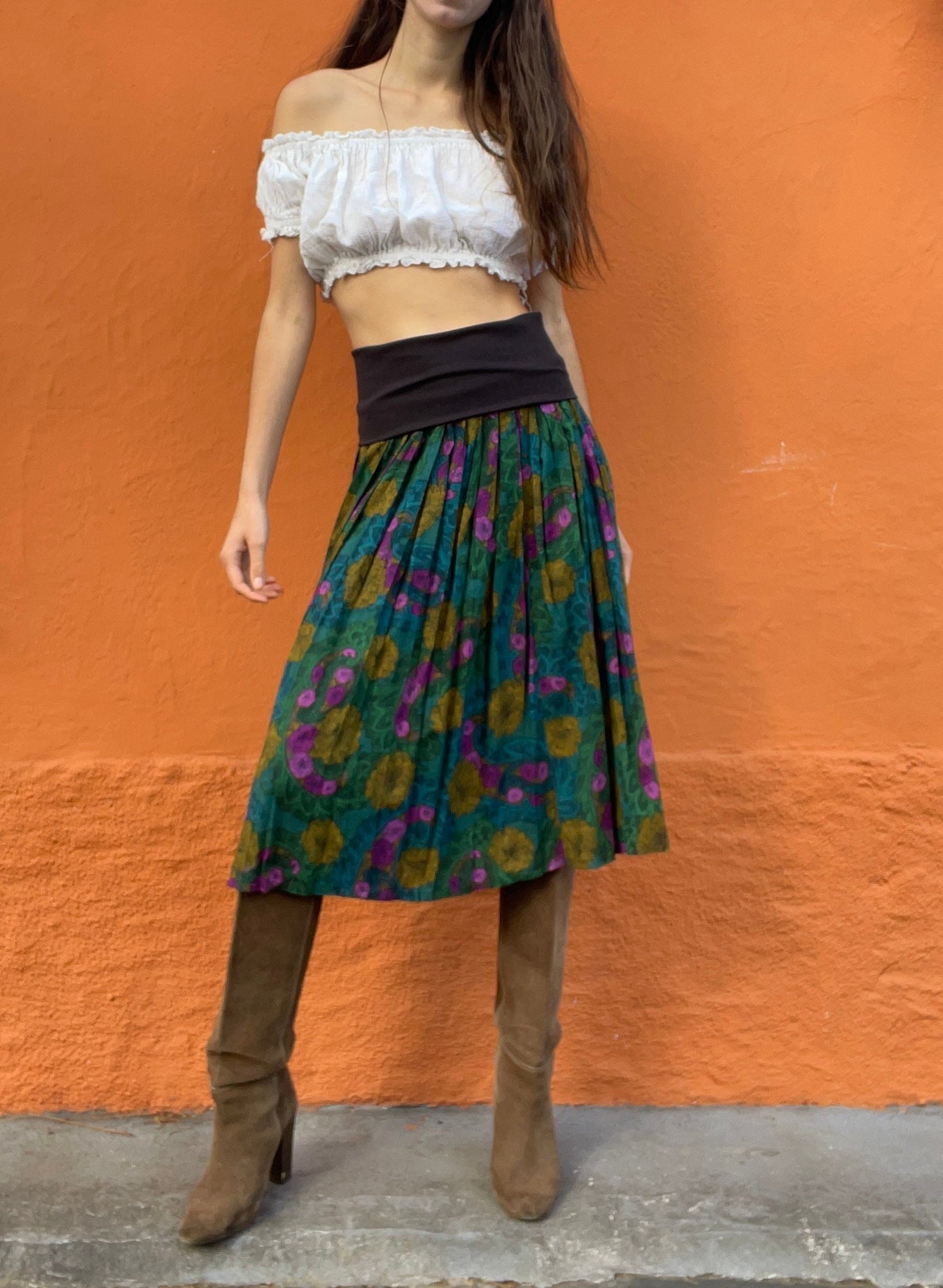 Vintage Multipurpose skirt and dress, Colourful true retro maxi skirt. Green purple elastic skirt with flower print, High waist summer skirt
