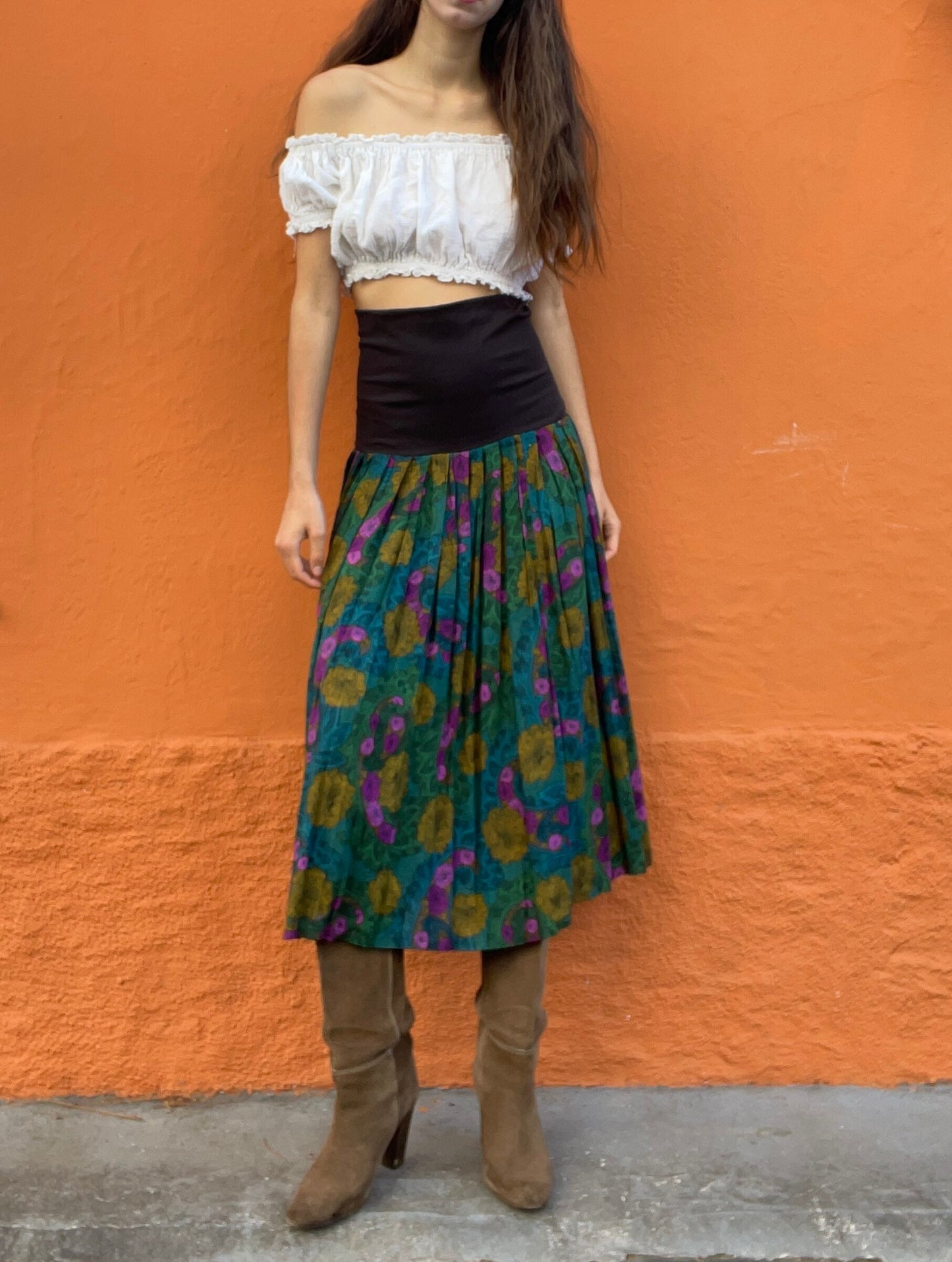Vintage Multipurpose skirt and dress, Colourful true retro maxi skirt. Green purple elastic skirt with flower print, High waist summer skirt