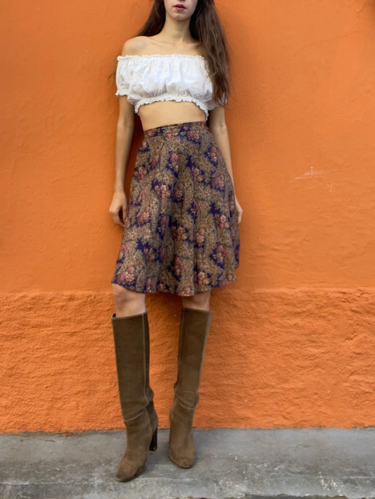 Vintage floral summer skirt, Purple retro midi skirt, High waist Cottage core spring skirt, Size 146 / XS - XXS