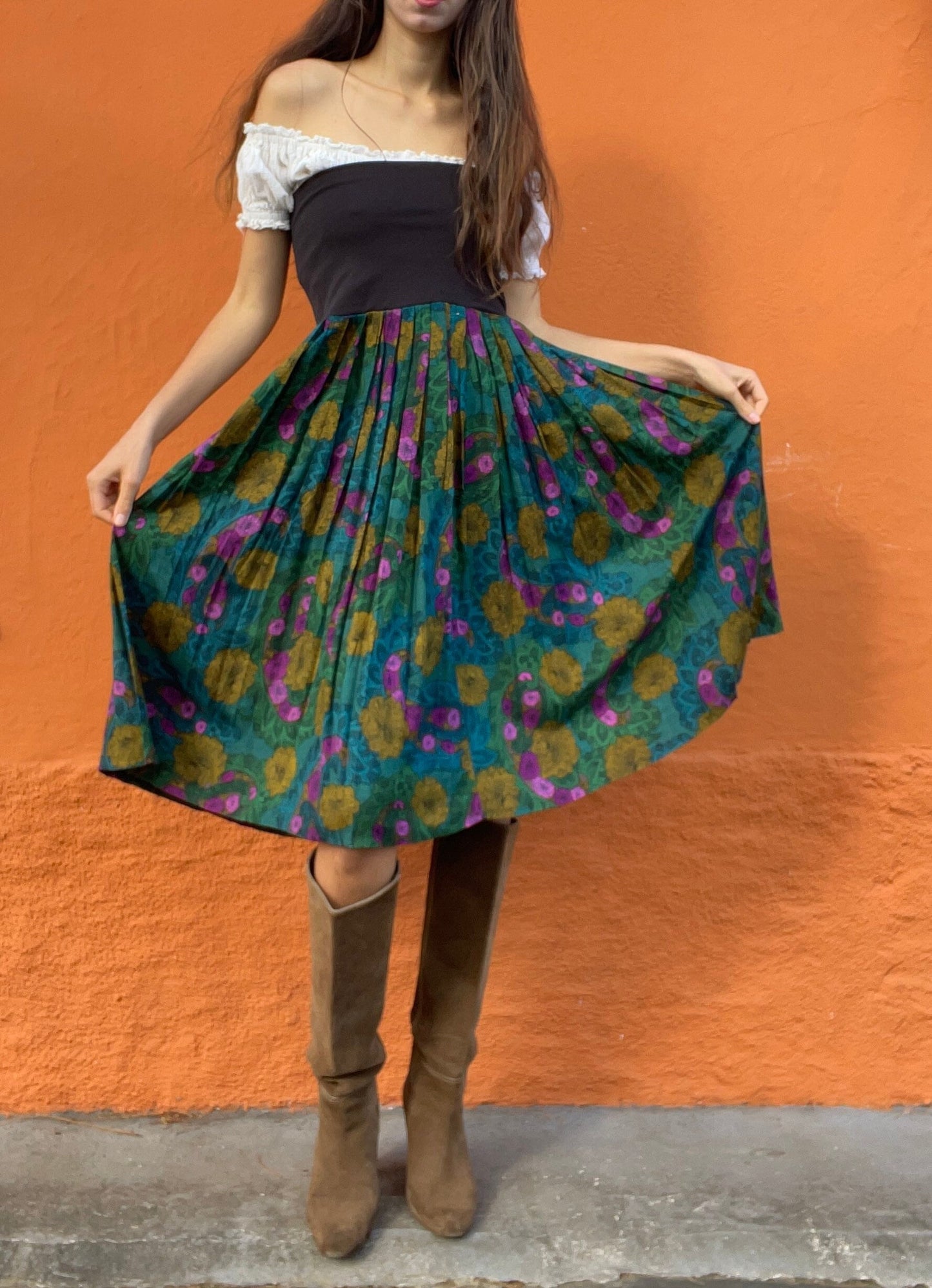Vintage Multipurpose skirt and dress, Colourful true retro maxi skirt. Green purple elastic skirt with flower print, High waist summer skirt