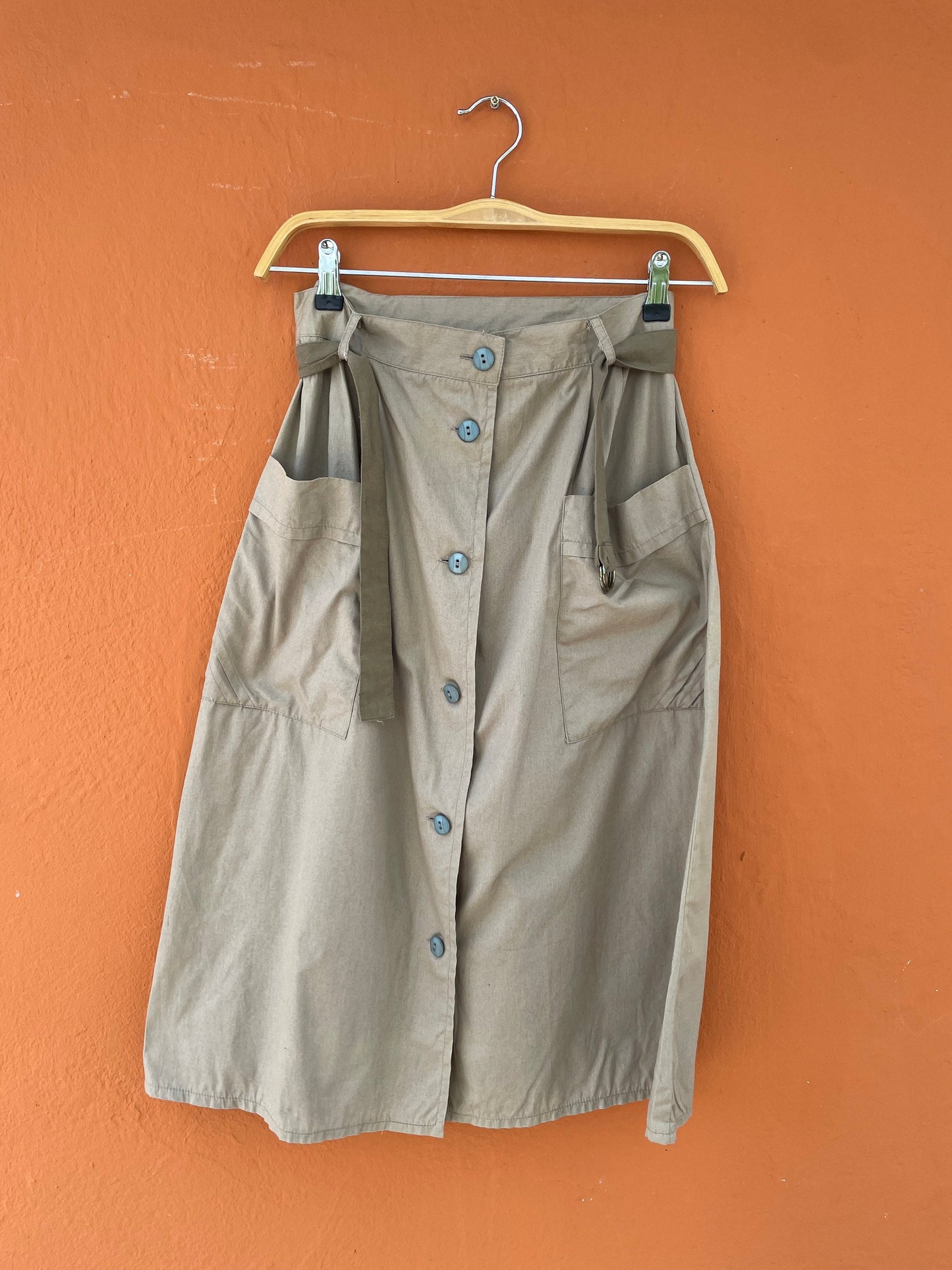 Beige classic high waist midi skirt, Posh high tan long skirt with belt, Formal farm core brown woman skirt, S
