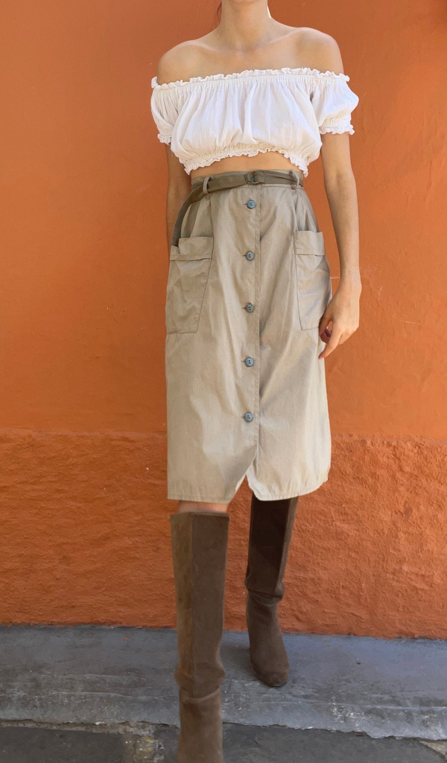 Beige classic high waist midi skirt, Posh high tan long skirt with belt, Formal farm core brown woman skirt, S