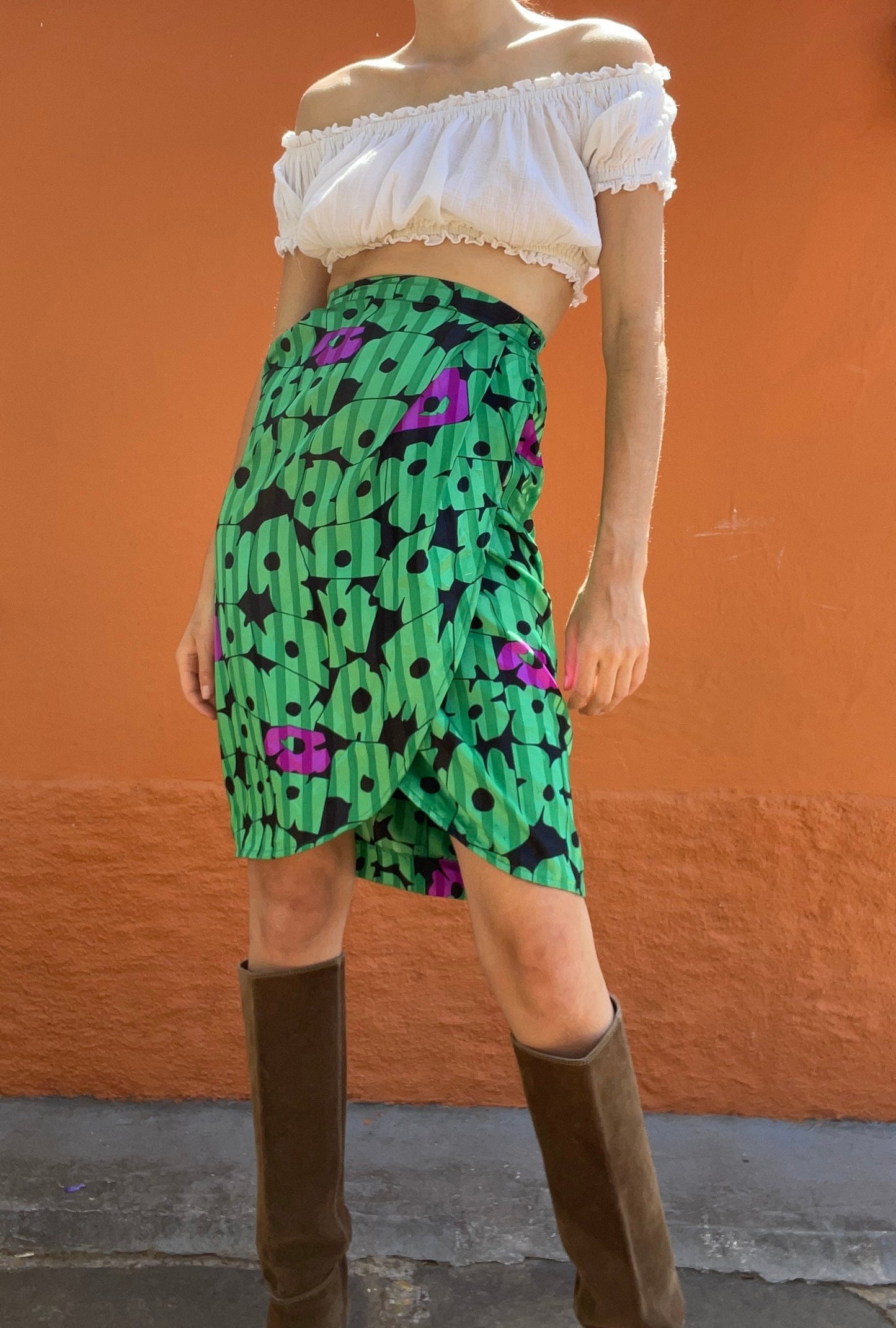 Vintage green floral lightweight summer skirt, Retro midi skirt, High waist spring skirt, Unique handmade wrap skirt, XS