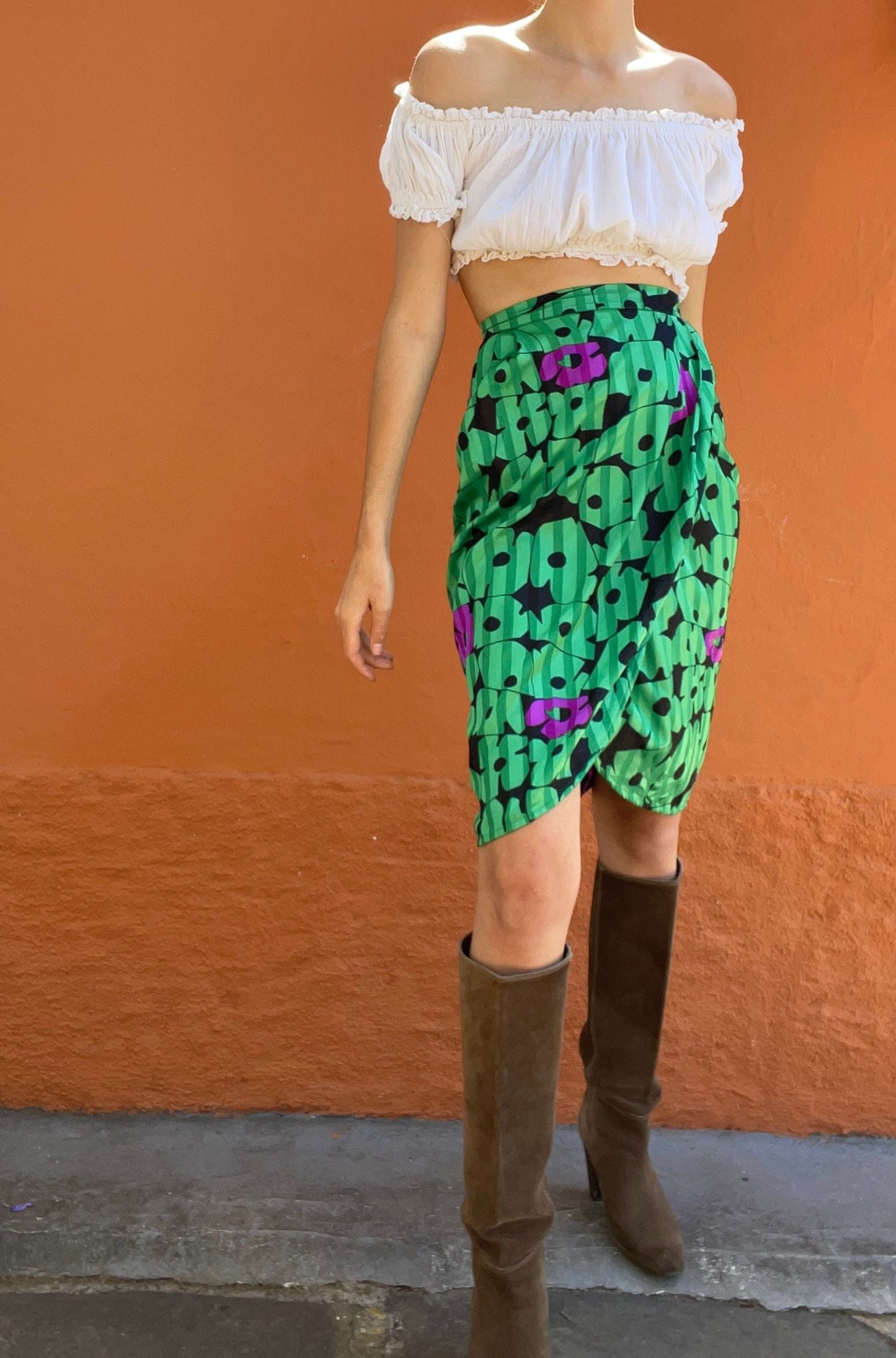 Vintage green floral lightweight summer skirt, Retro midi skirt, High waist spring skirt, Unique handmade wrap skirt, XS