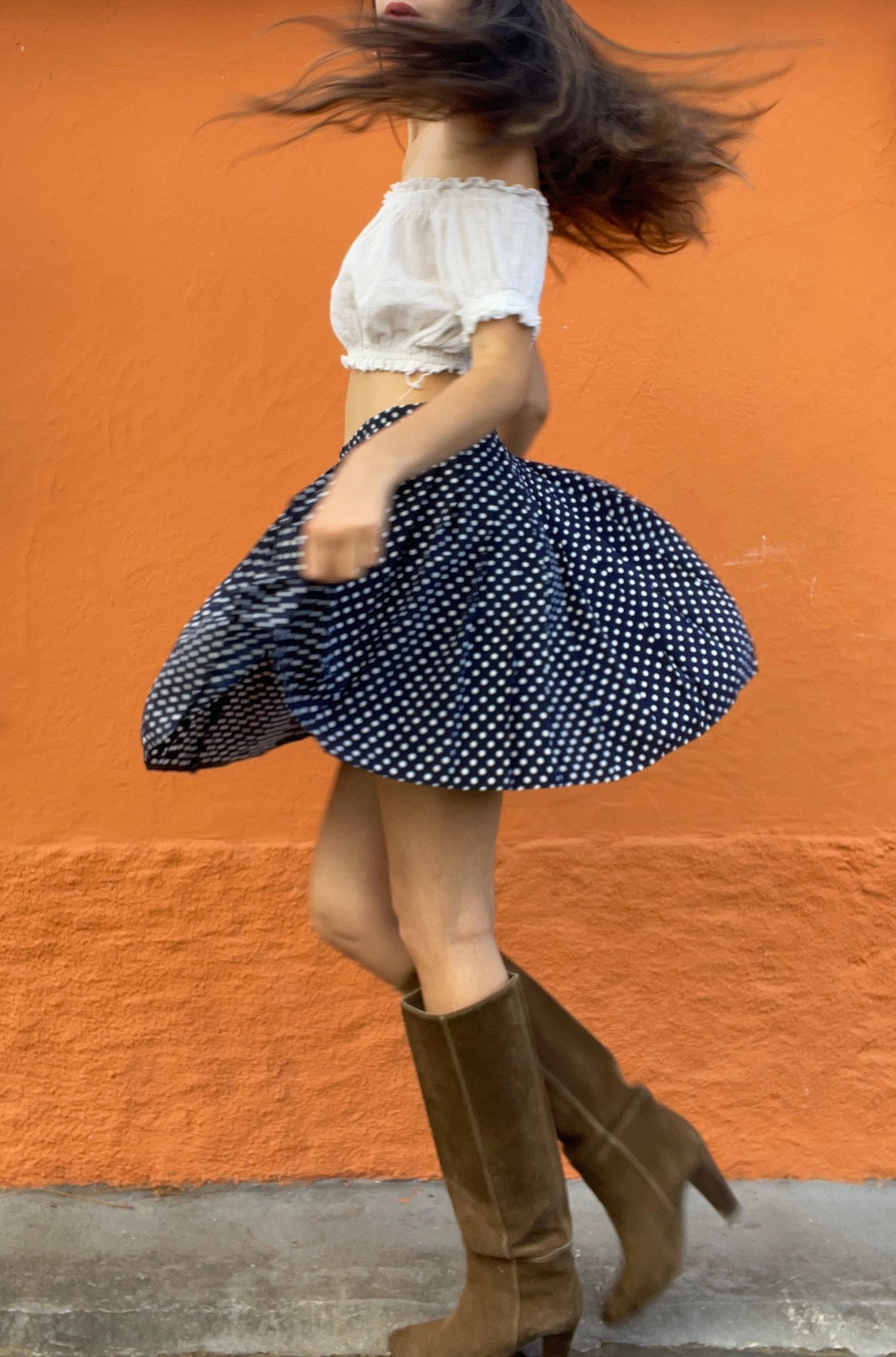 Vintage Navy Polka Dot Mini Skirt | Retro Elastic Waist Skater Skirt