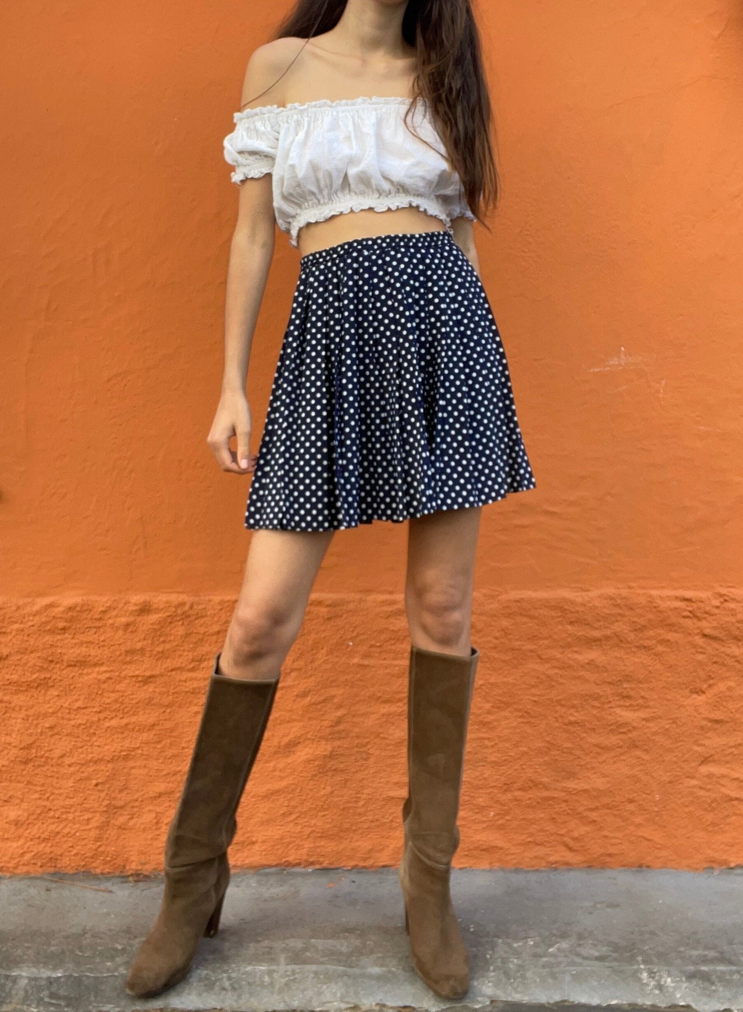 Vintage Navy Polka Dot Mini Skirt | Retro Elastic Waist Skater Skirt