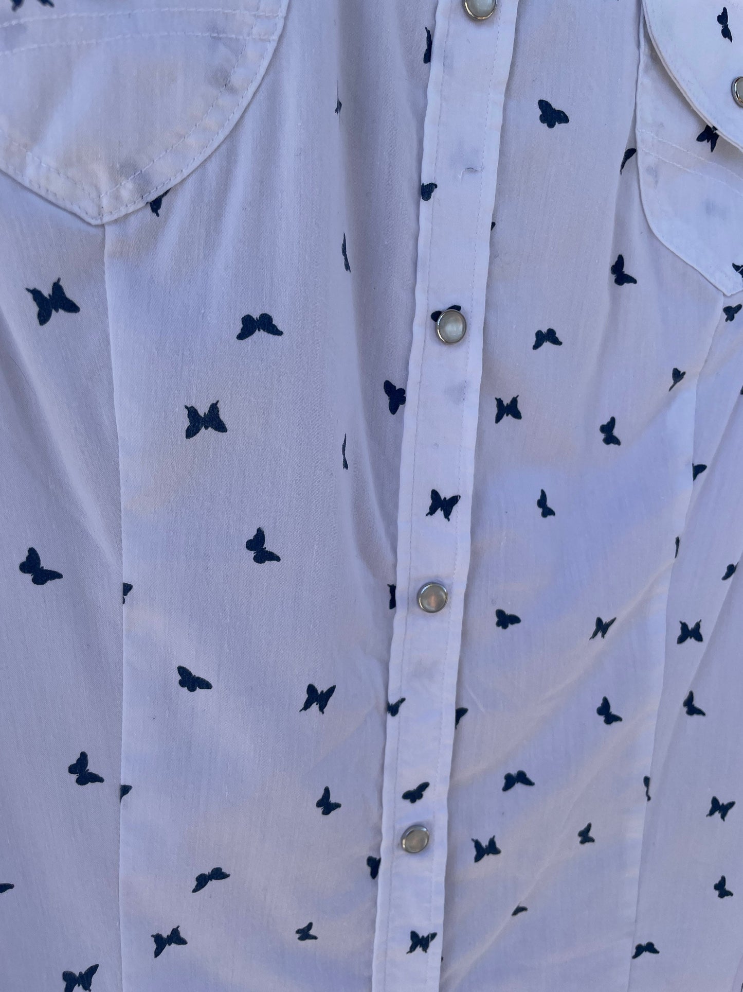Vintage Italian Cotton Blouse with Blue Butterfly Embroidery, White Cap Sleeve Button-Up Top, Summer Shirt XS-S by Carrera