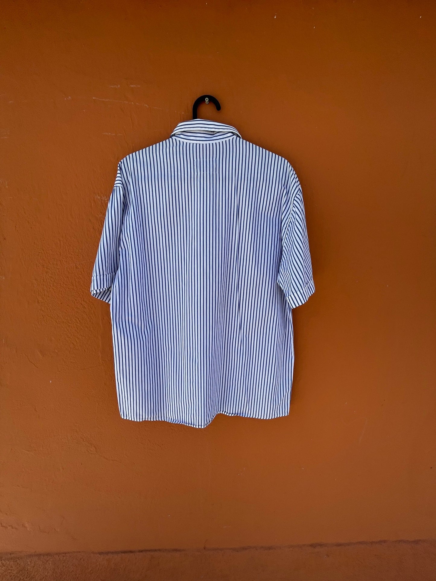 Christmas button up shirt, Large cotton embroidered blouse, Cottage core blue and white folklore striped shirt, M