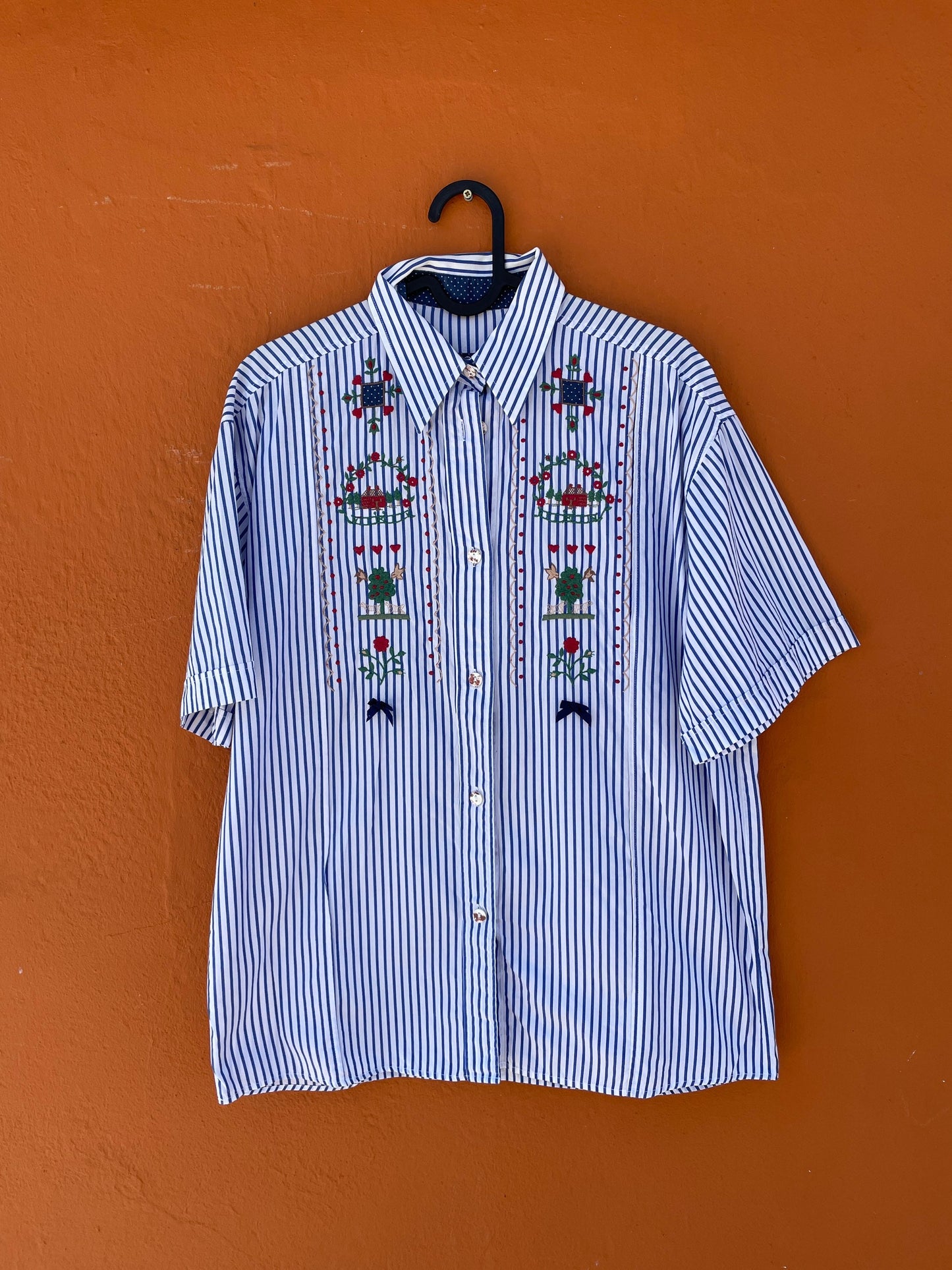 Christmas button up shirt, Large cotton embroidered blouse, Cottage core blue and white folklore striped shirt, M