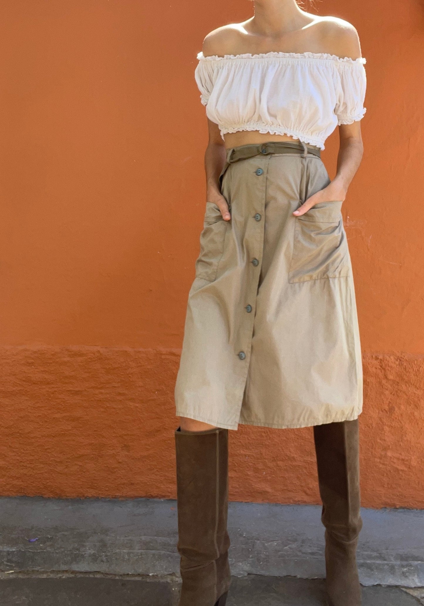 Beige classic high waist midi skirt, Posh high tan long skirt with belt, Formal farm core brown woman skirt, S