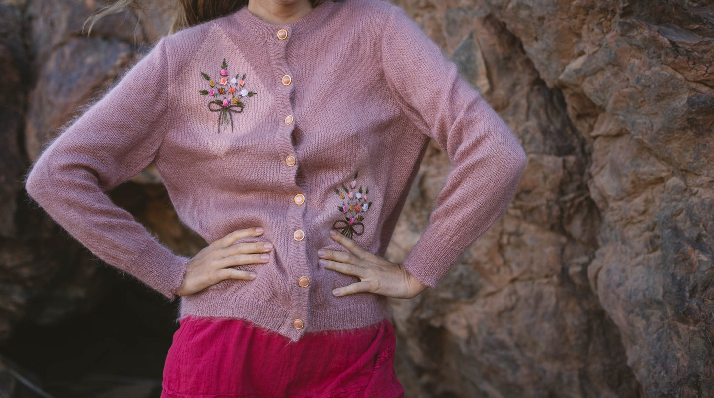 Pink Mohair Cardigan with Floral Embroidery, Vintage Cottagecore Grandma Sweater, Cozy Winter Vest with Marble & Gold Buttons