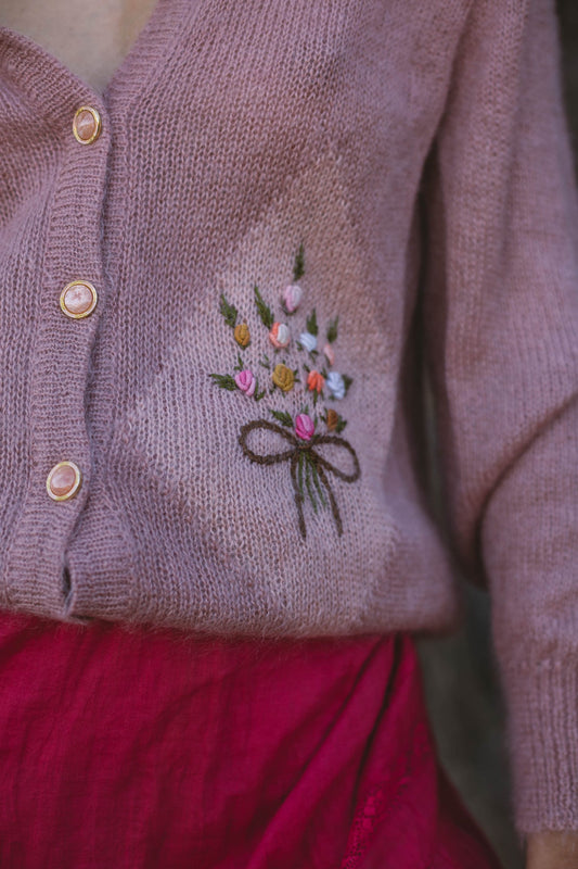 Pink Mohair Cardigan with Floral Embroidery, Vintage Cottagecore Grandma Sweater, Cozy Winter Vest with Marble & Gold Buttons