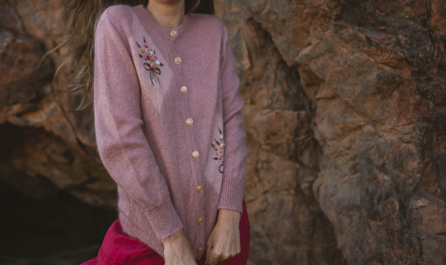 Pink Mohair Cardigan with Floral Embroidery, Vintage Cottagecore Grandma Sweater, Cozy Winter Vest with Marble & Gold Buttons