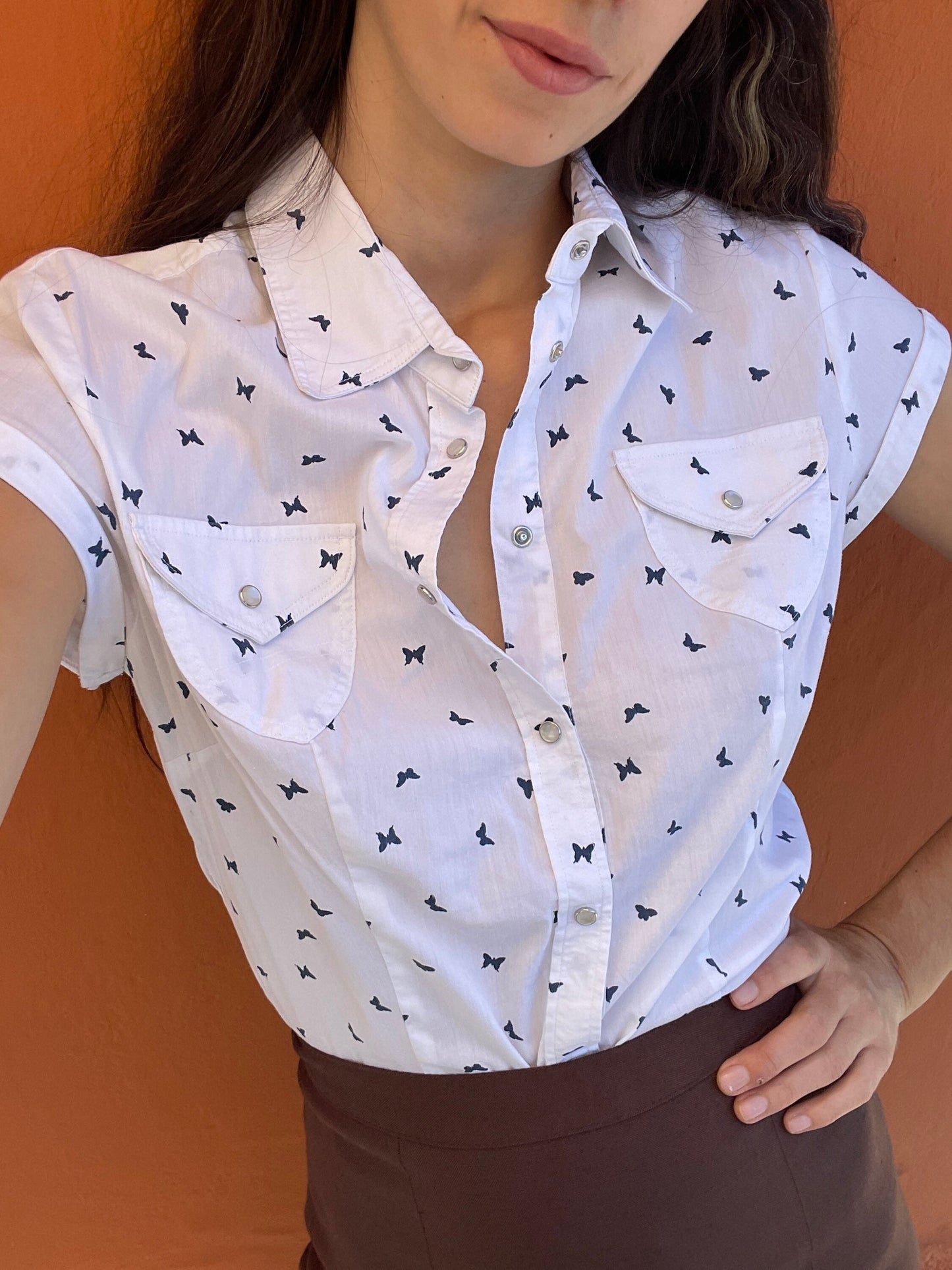 Vintage Italian Cotton Blouse with Blue Butterfly Embroidery, White Cap Sleeve Button-Up Top, Summer Shirt XS-S by Carrera