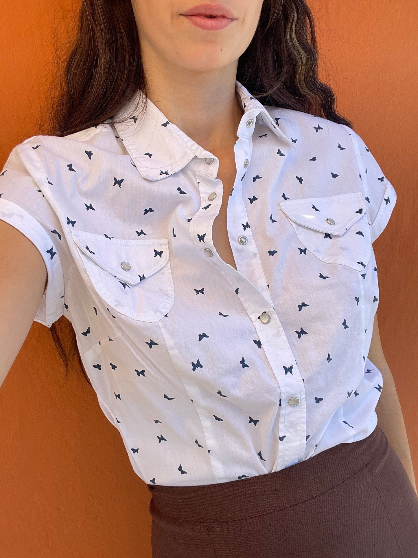 Vintage Italian Cotton Blouse with Blue Butterfly Embroidery, White Cap Sleeve Button-Up Top, Summer Shirt XS-S by Carrera