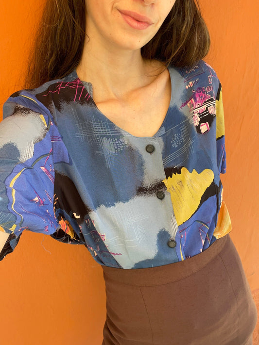 Vintage 80s Women's Blouse Oversized Retro Shirt Abstract Colourful Pattern Loose Fit DE 40 L