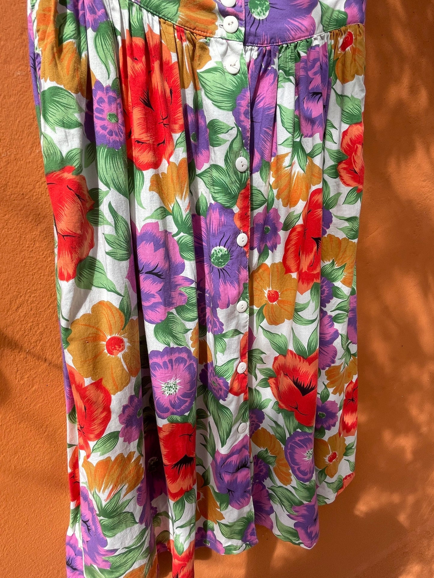 Vintage High Waist Floral Midi Skirt with Bright Poppy Print Elastic Waist 80s Cottagecore Picnic Coquette Look