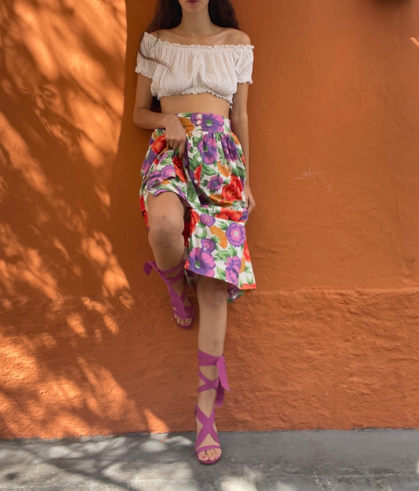 Vintage High Waist Floral Midi Skirt with Bright Poppy Print Elastic Waist 80s Cottagecore Picnic Coquette Look