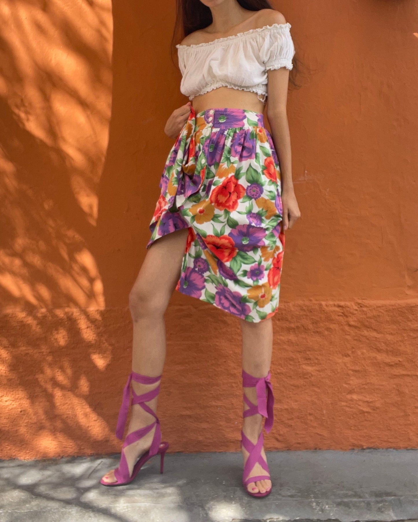 Vintage High Waist Floral Midi Skirt with Bright Poppy Print Elastic Waist 80s Cottagecore Picnic Coquette Look