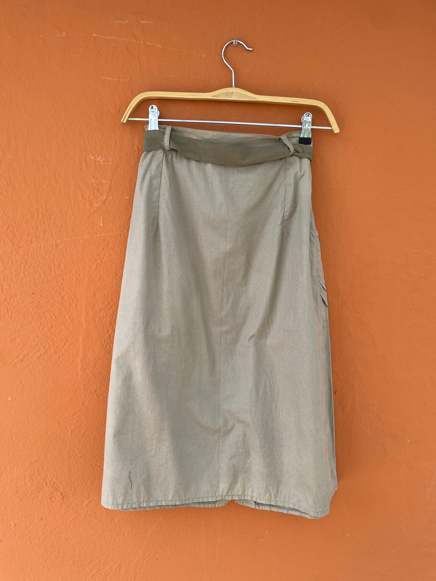 Beige classic high waist midi skirt, Posh high tan long skirt with belt, Formal farm core brown woman skirt, S