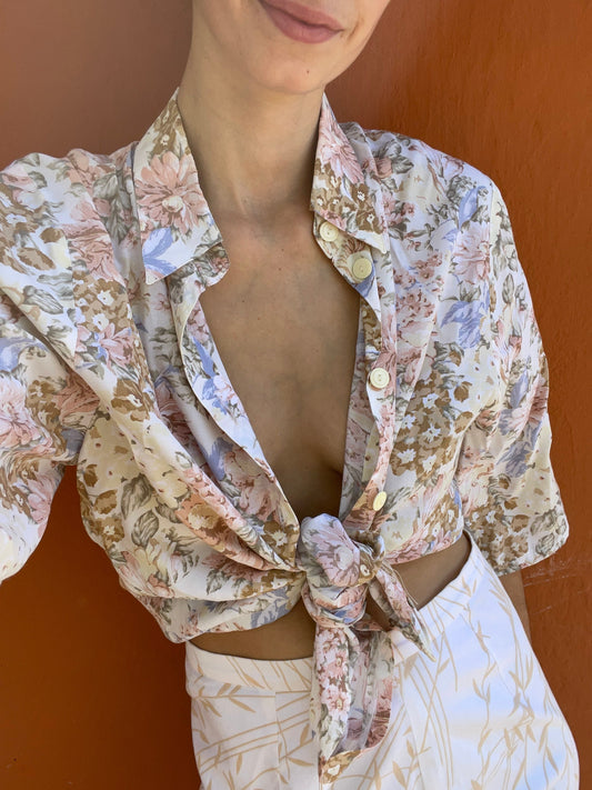 Vintage Floral Blouse Loose Oversized Retro 70s Shirt Lightweight Summer Beach Dress Short Sleeve Button Up Top