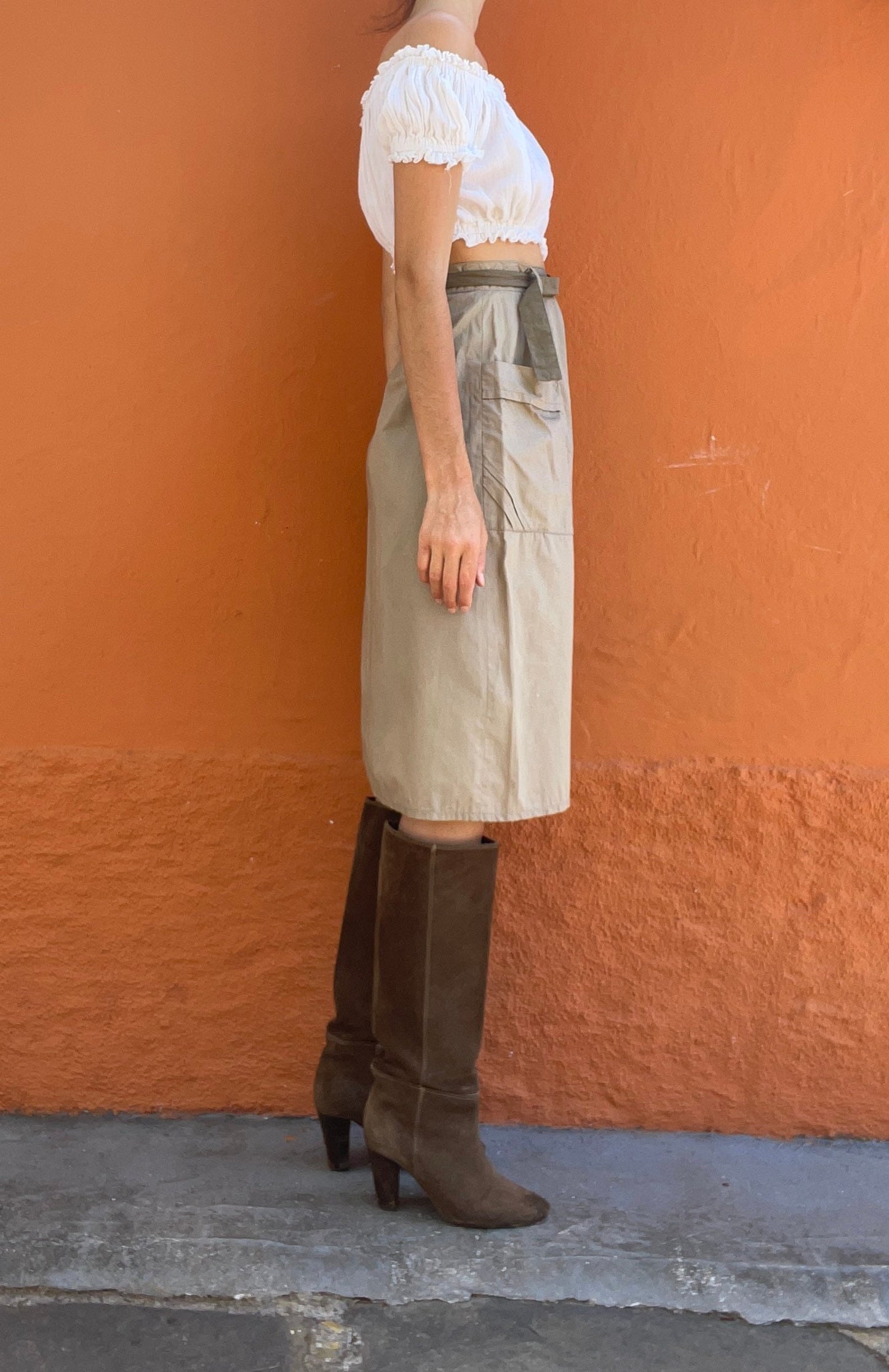 Beige classic high waist midi skirt, Posh high tan long skirt with belt, Formal farm core brown woman skirt, S