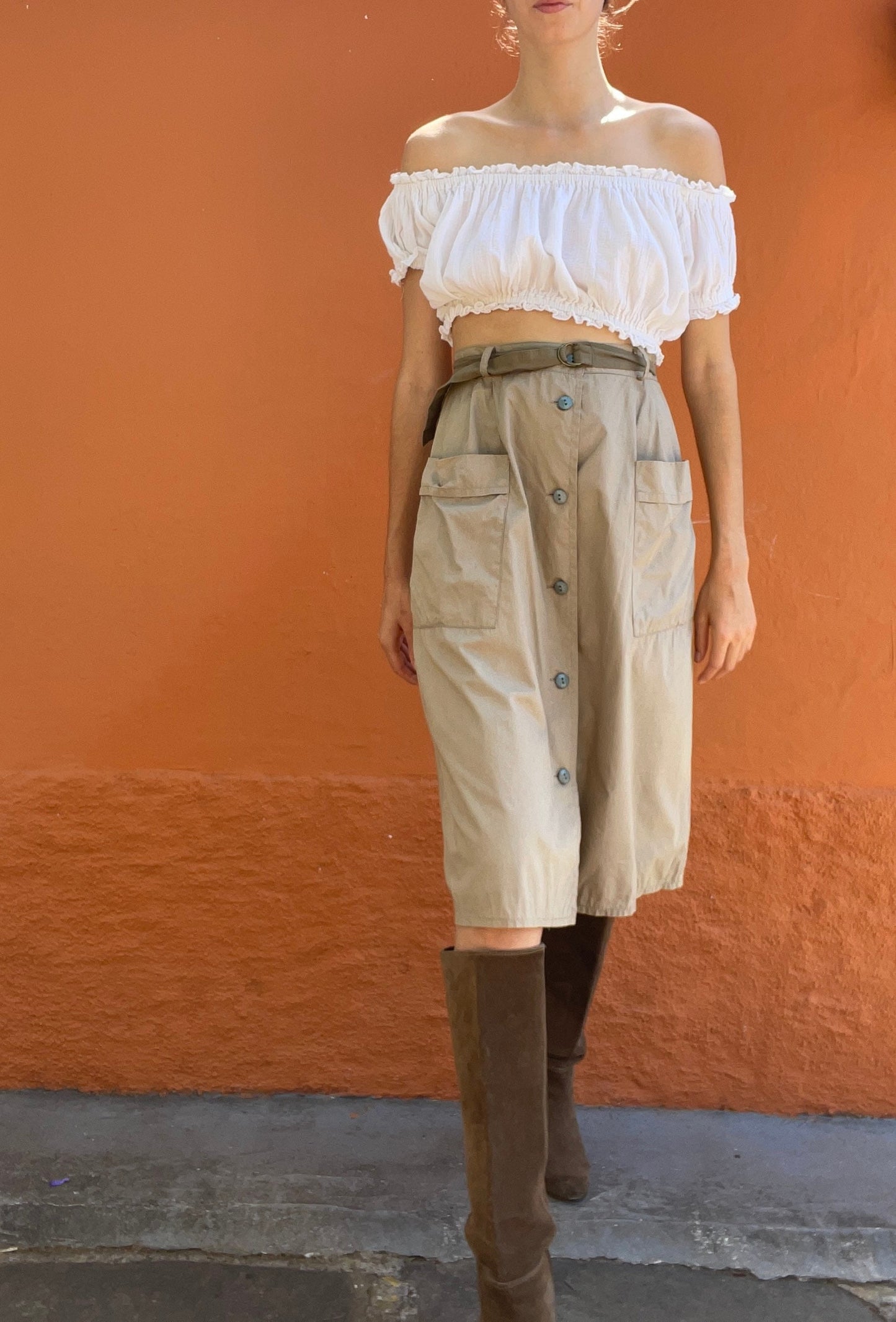 Beige classic high waist midi skirt, Posh high tan long skirt with belt, Formal farm core brown woman skirt, S