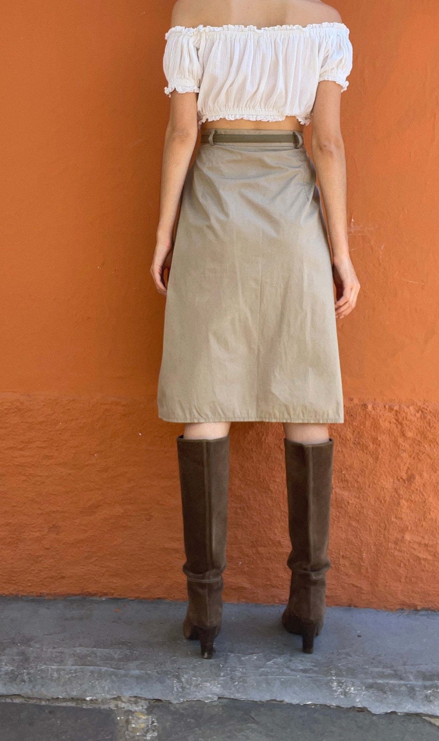 Beige classic high waist midi skirt, Posh high tan long skirt with belt, Formal farm core brown woman skirt, S